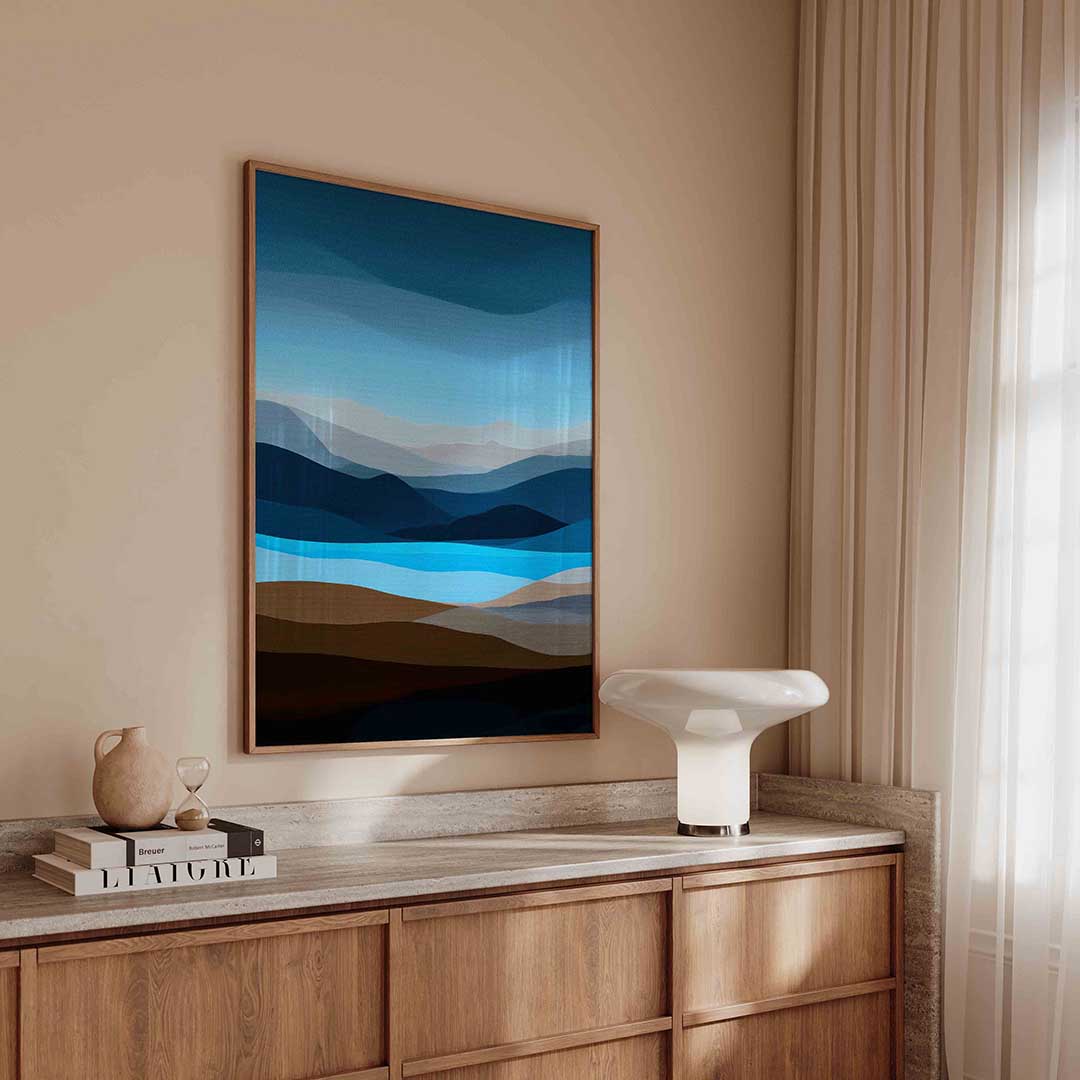 Landschap met blauwe tinten – abstracte poster in staand formaat