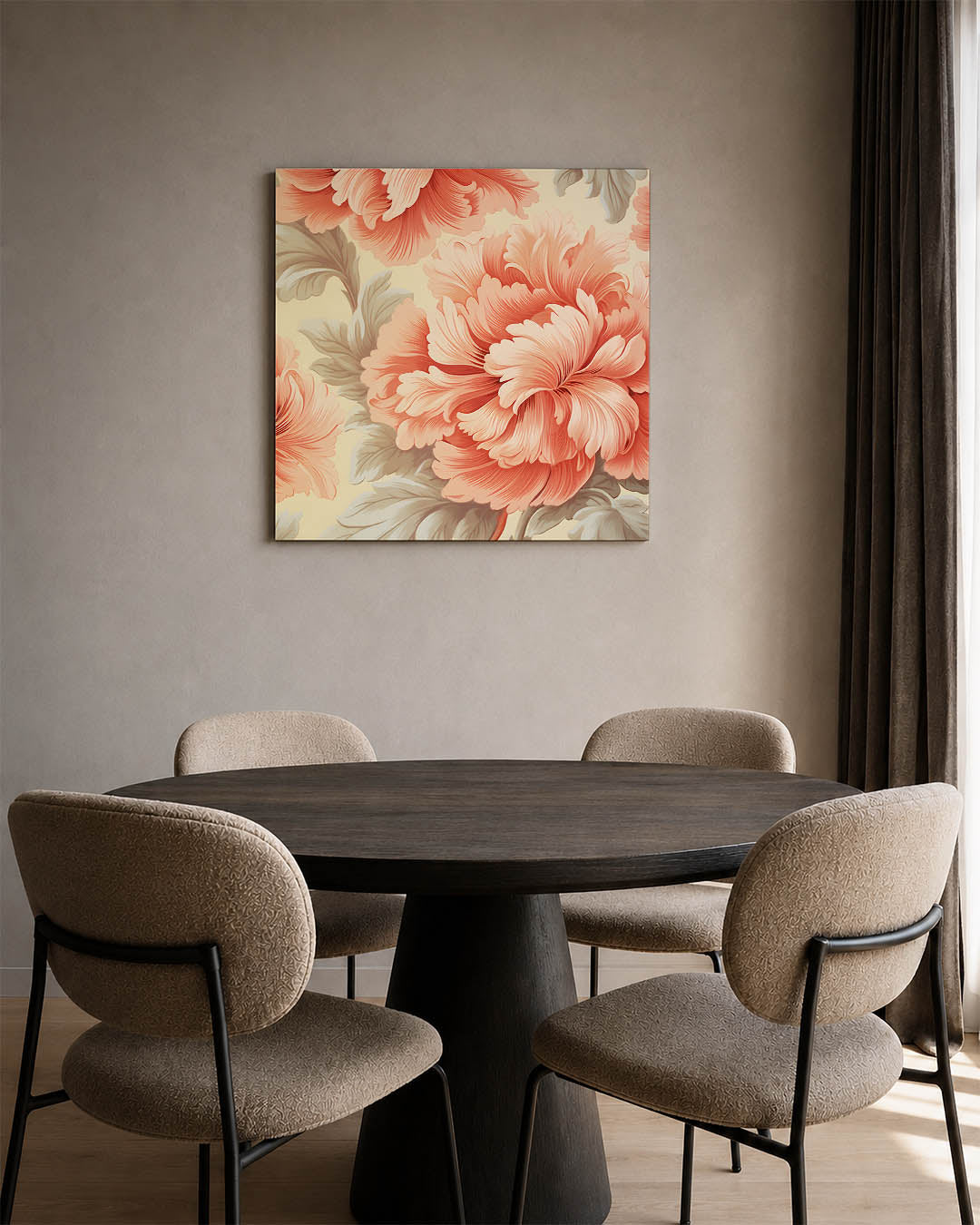 Bloemrijke compositie kunstwerk – vierkante wanddecoratie – dit kunstwerk toont grote, gedetailleerde bloemen in warme
