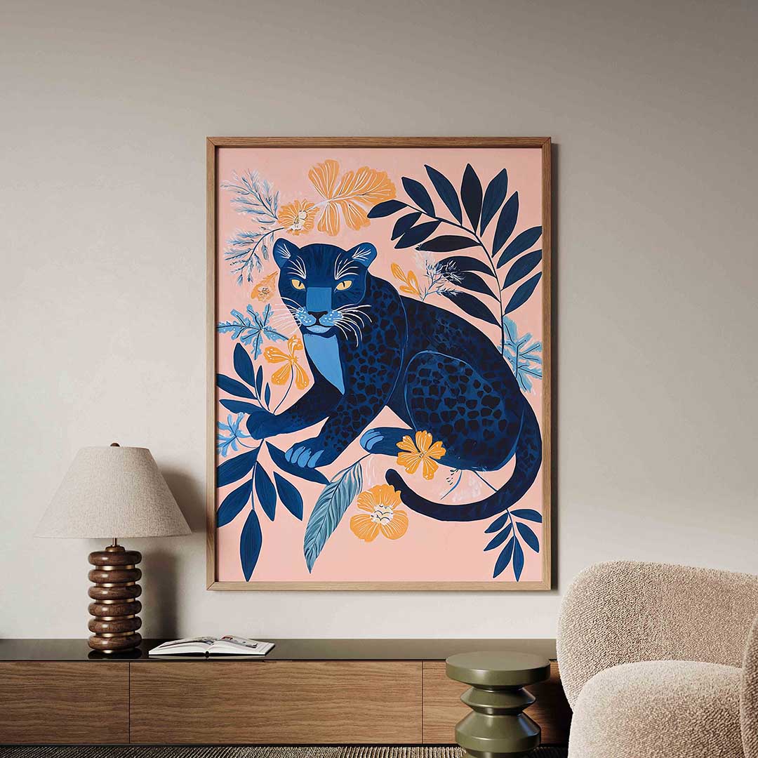 Blauwe panter en bloemen – dieren poster in staand formaat