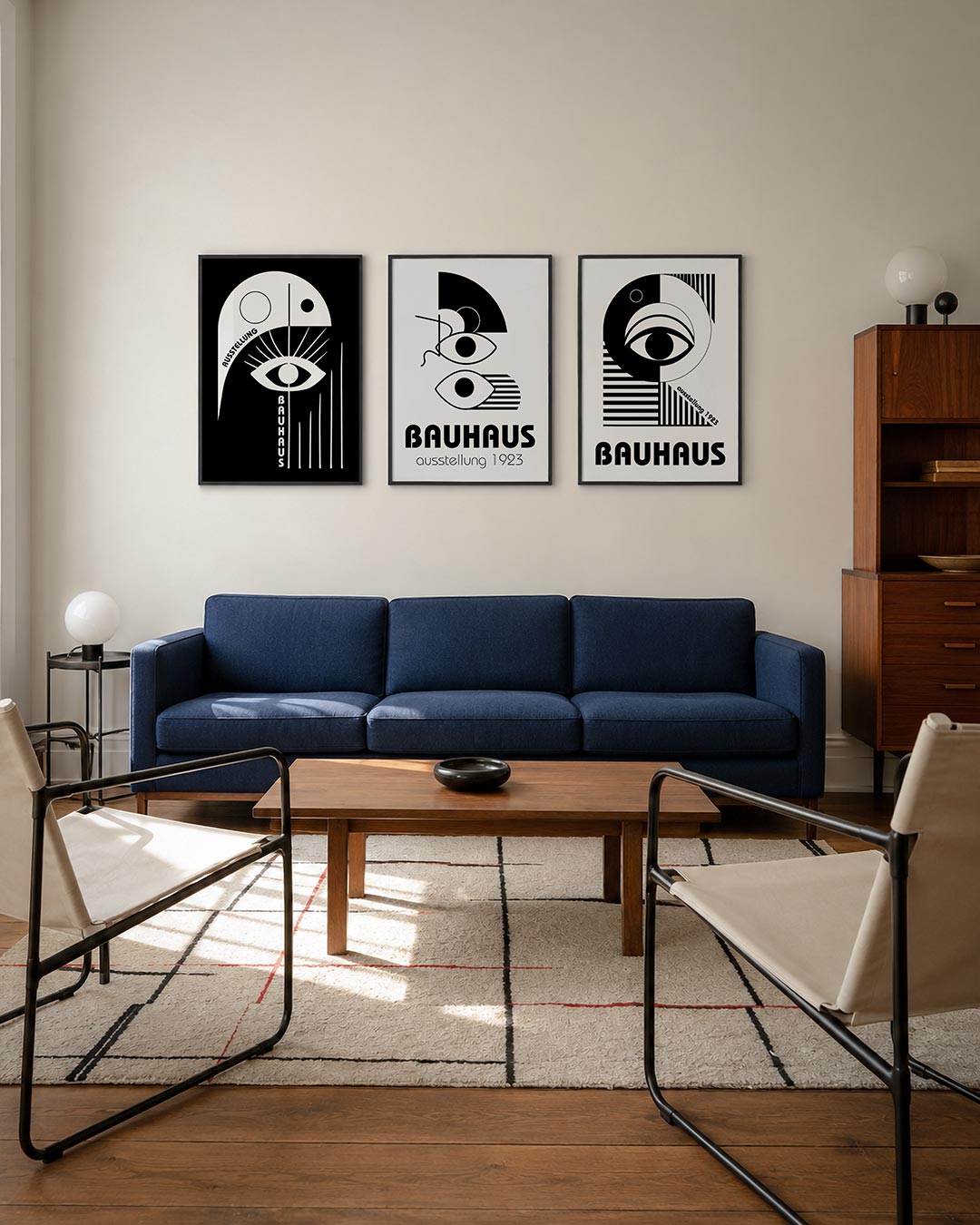 Oog en lijnen driedelige posterset – een zwart-witte compositie met een groot oog centraal. Rechte en gebogen lijnen stralen