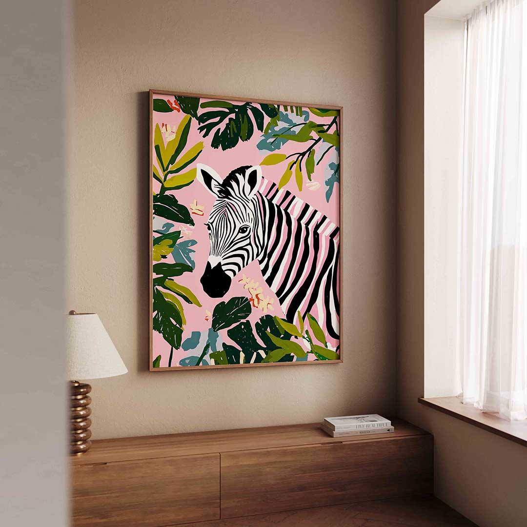 Zebra en bladeren – dierenillustratie als portret poster