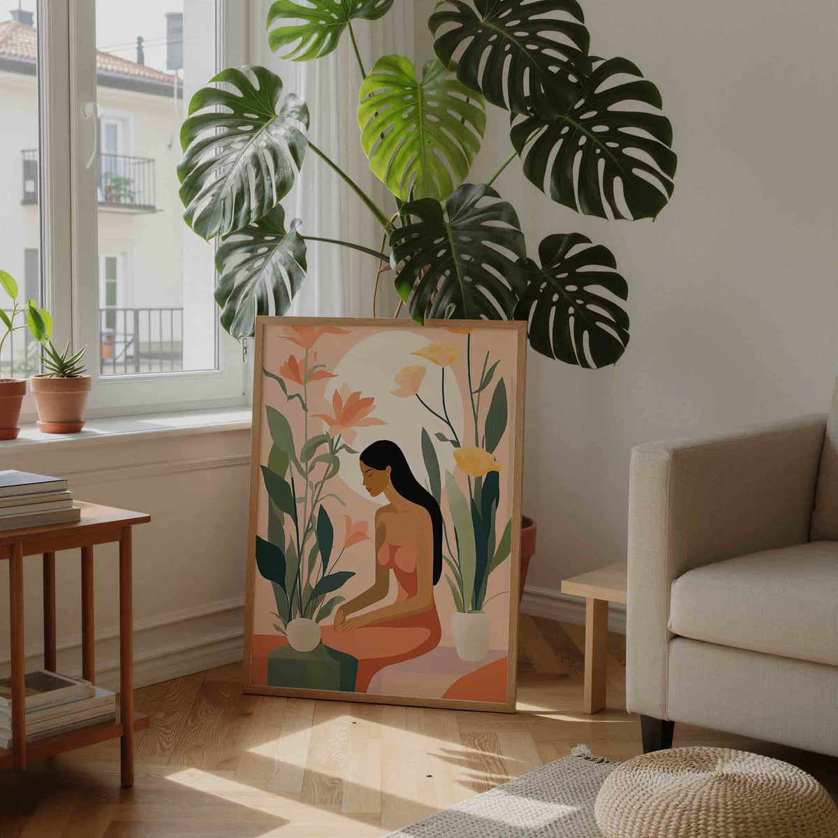 Vrouw met bloemen – staande botanische wanddecoratie van WallArtistic