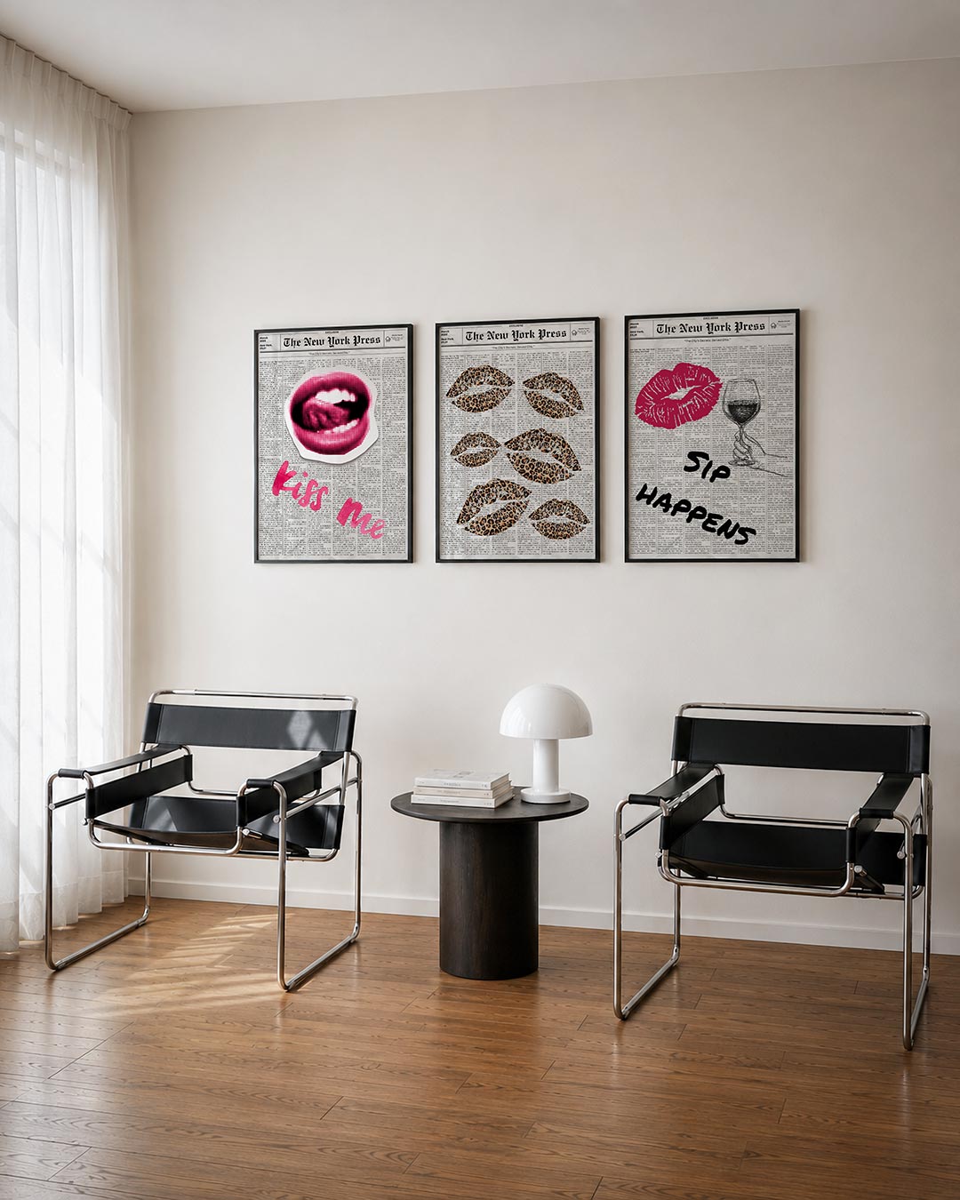 Lippen en woorden driedelige posterset – een opvallende mond in roze stippenpatroon op een