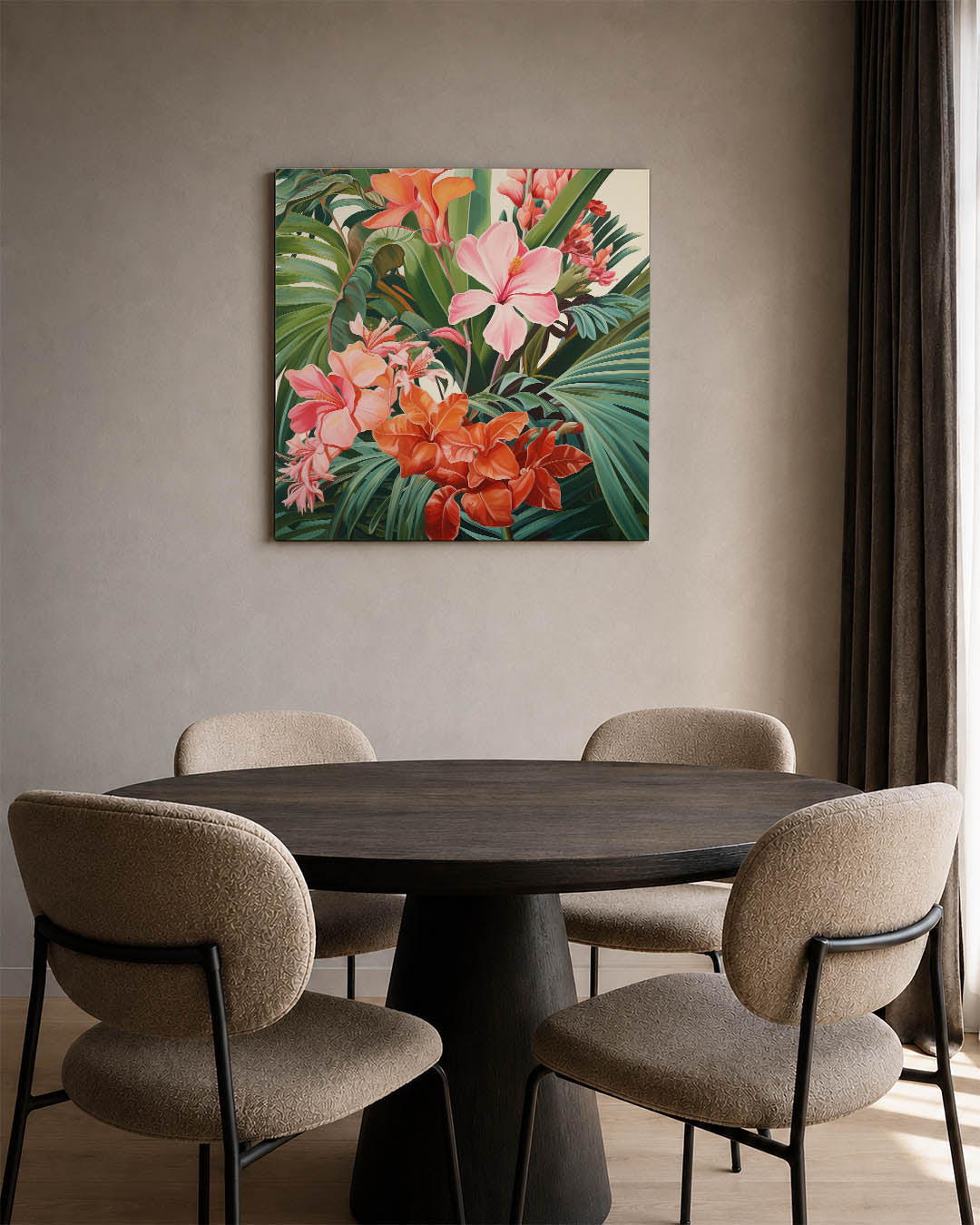 Bloemrijke jungle kunstwerk – derde productweergave – dit kunstwerk toont een weelderige verzameling van kleurrijke bloemen