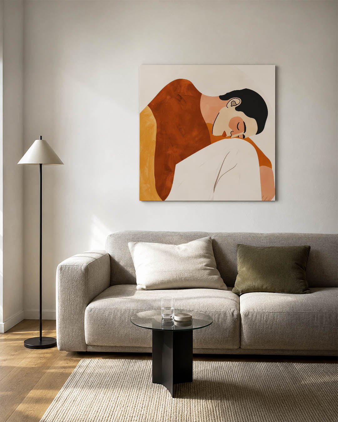 Gestileerde figuren kunstwerk – vierkante wanddecoratie – dit werk toont vloeiende lijnen en zachte vormen in warme tinten.