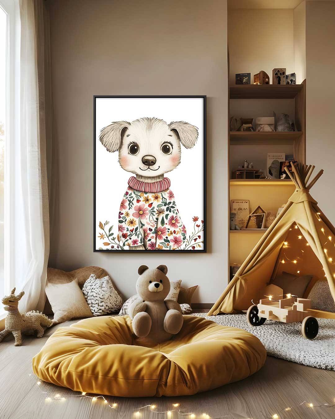 Lieve Hond met Bloemenoutfit – staand kunstwerk voor modern interieur