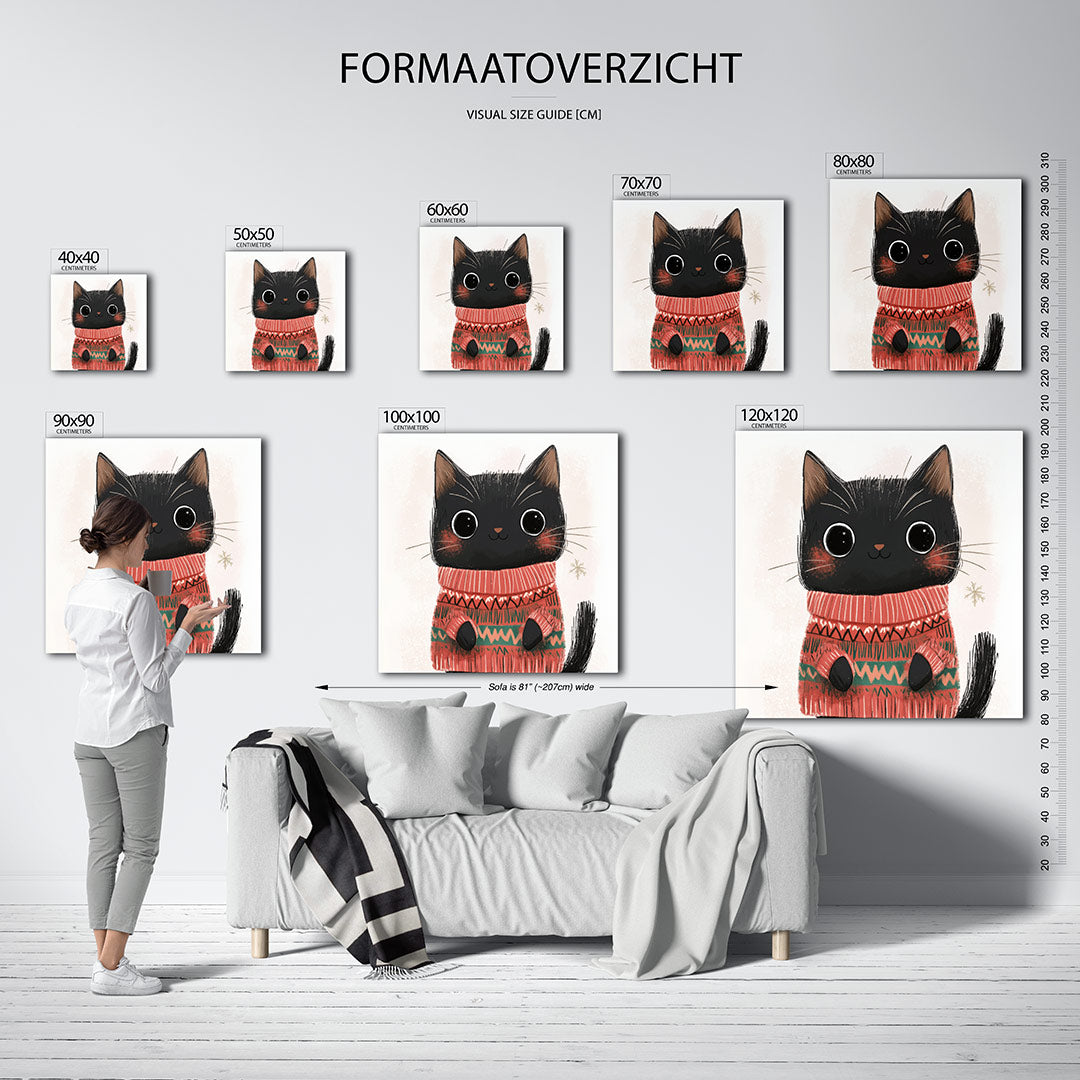Schattige kat illustratie kunstwerk – sfeerbeeld – dit werk toont een schattige kat met grote ogen in een kleurrijke trui. De
