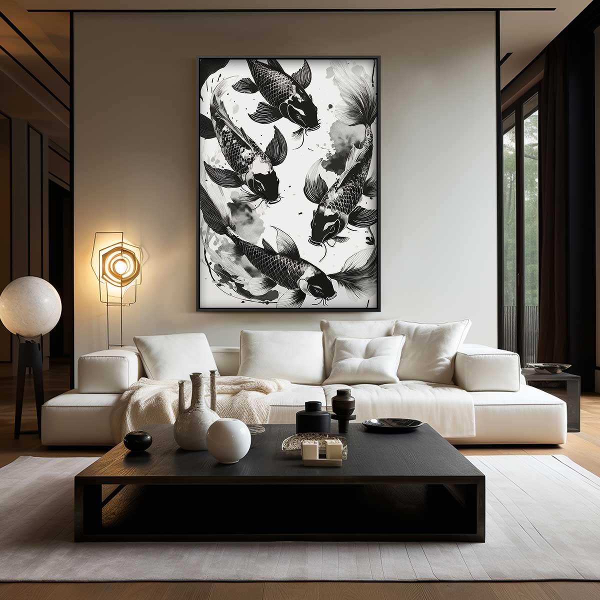 Zachte Gratie van Koi-visjes – staand kunstwerk voor modern interieur