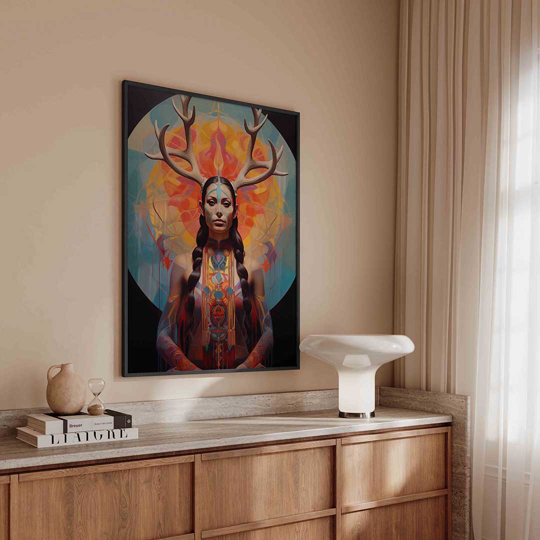 Vrouw met gewei en kleurrijke achtergrond – surreal poster in staand formaat