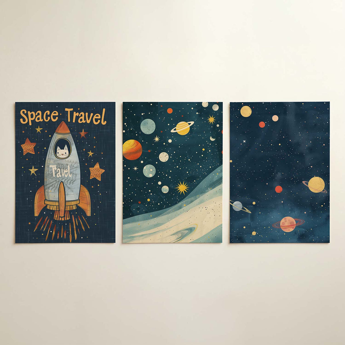 Ruimteavontuur illustratie driedelige posterset in interieur