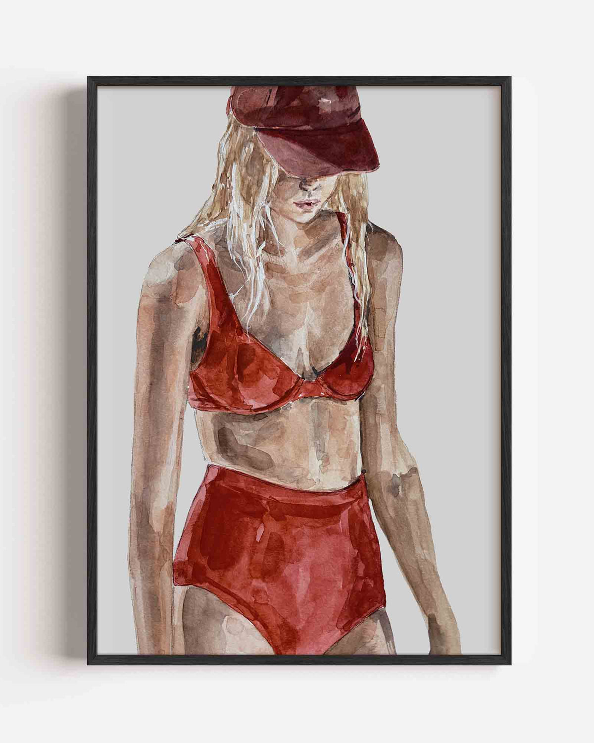 Vrouw in rode outfit – Élan Féminin portret poster als wanddecoratie
