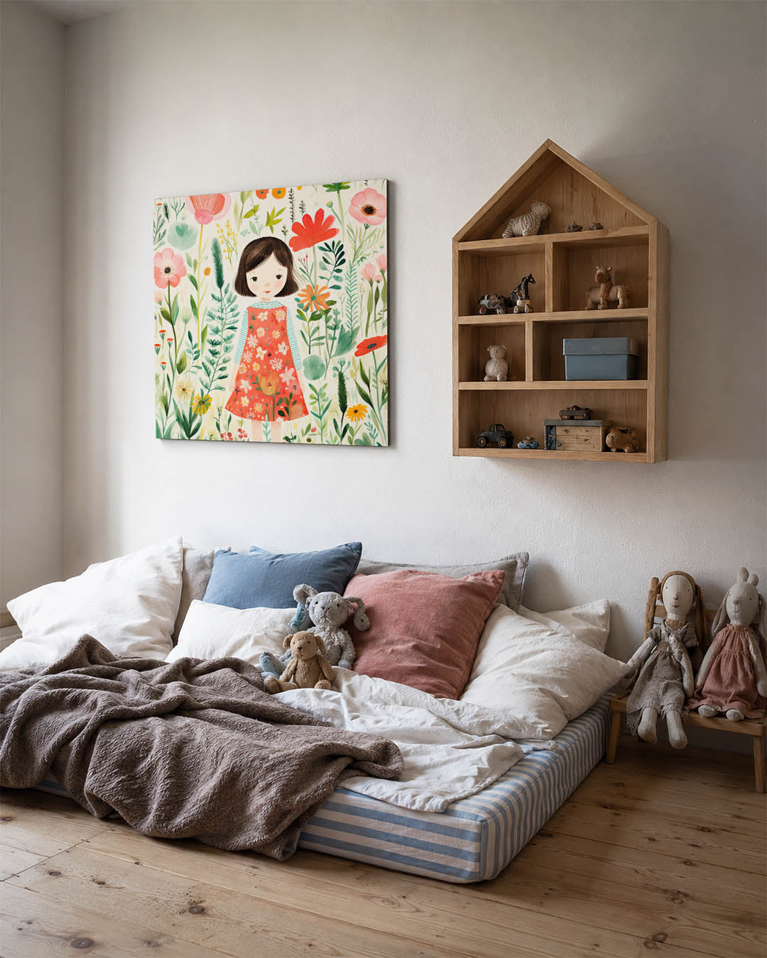 Illustratie kunstwerk – derde productweergave – dit werk toont een meisje in een kleurrijke bloemenzee. De levendige kleuren
