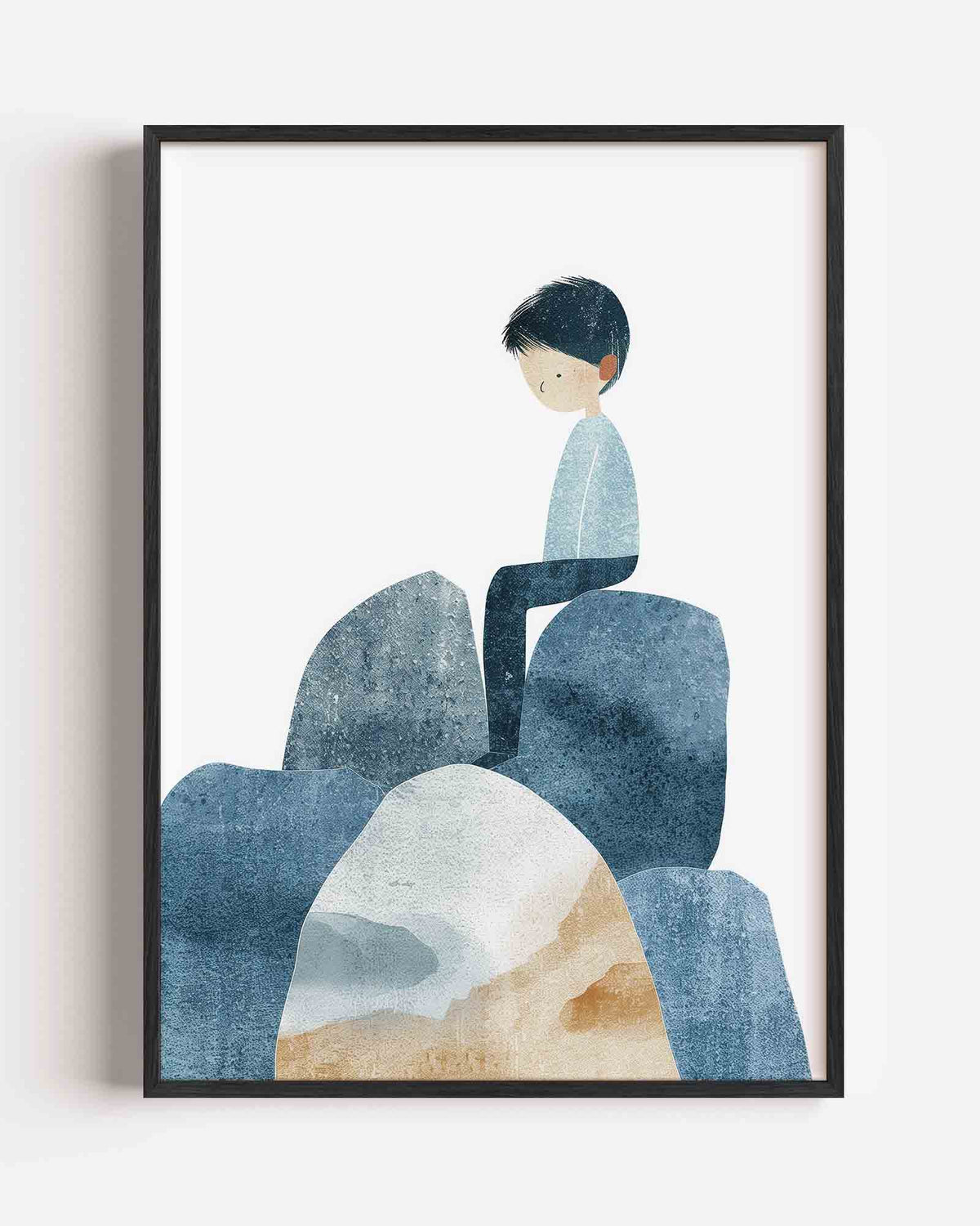 Zittende figuur op rotsen – kids portret poster als wanddecoratie