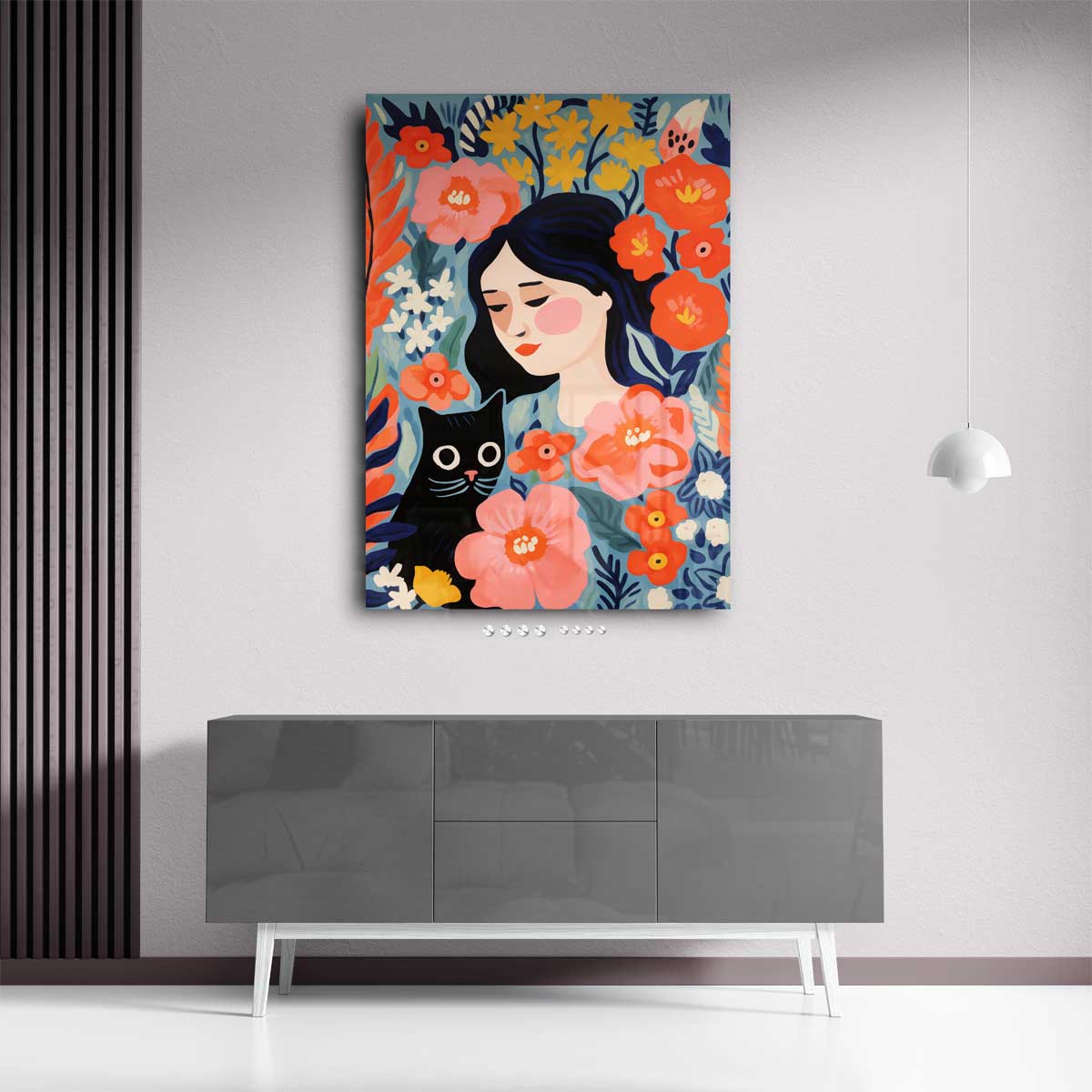 Bloemendroom met Kat – kunstwerk met zwarte baklijst