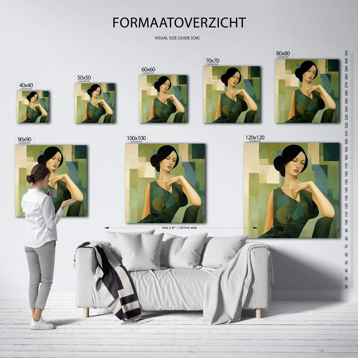 Vrouw in groene tinten – vierkante muurposter met kleurrijke illustratie