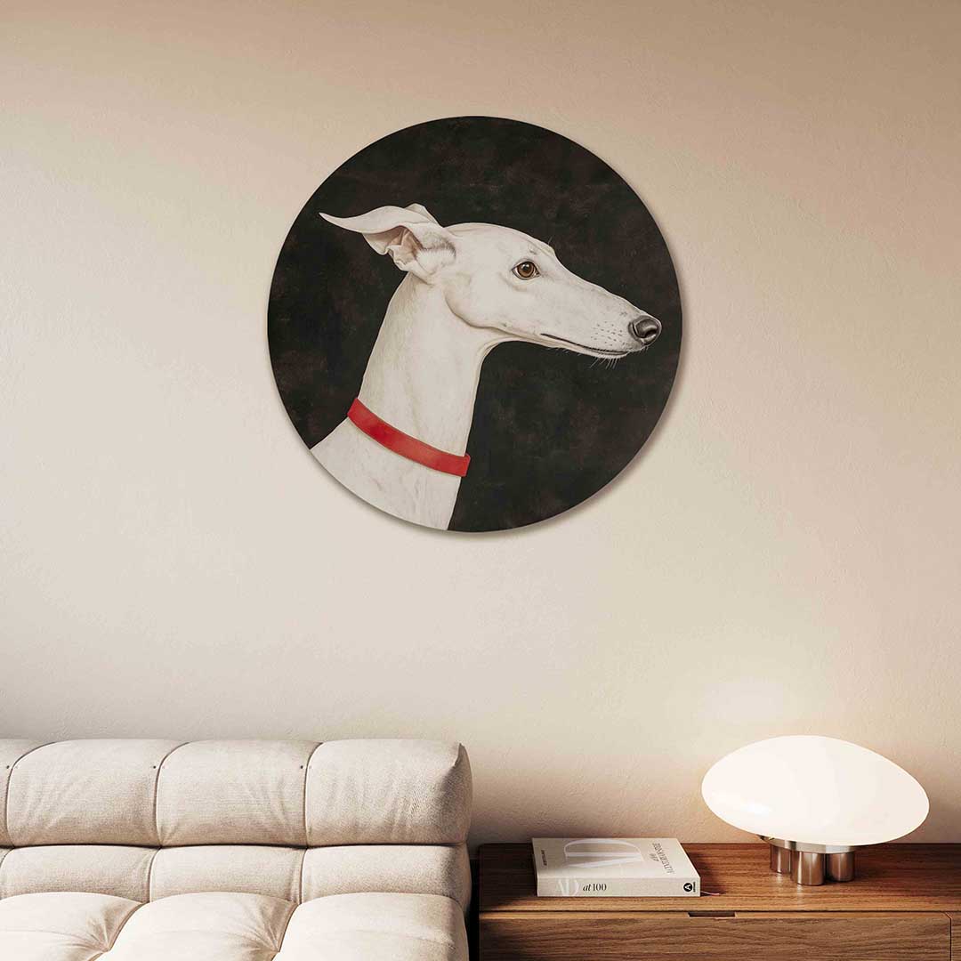 Witte hond met rode halsband – moderne abstracte muurcirkel voor aan de muur