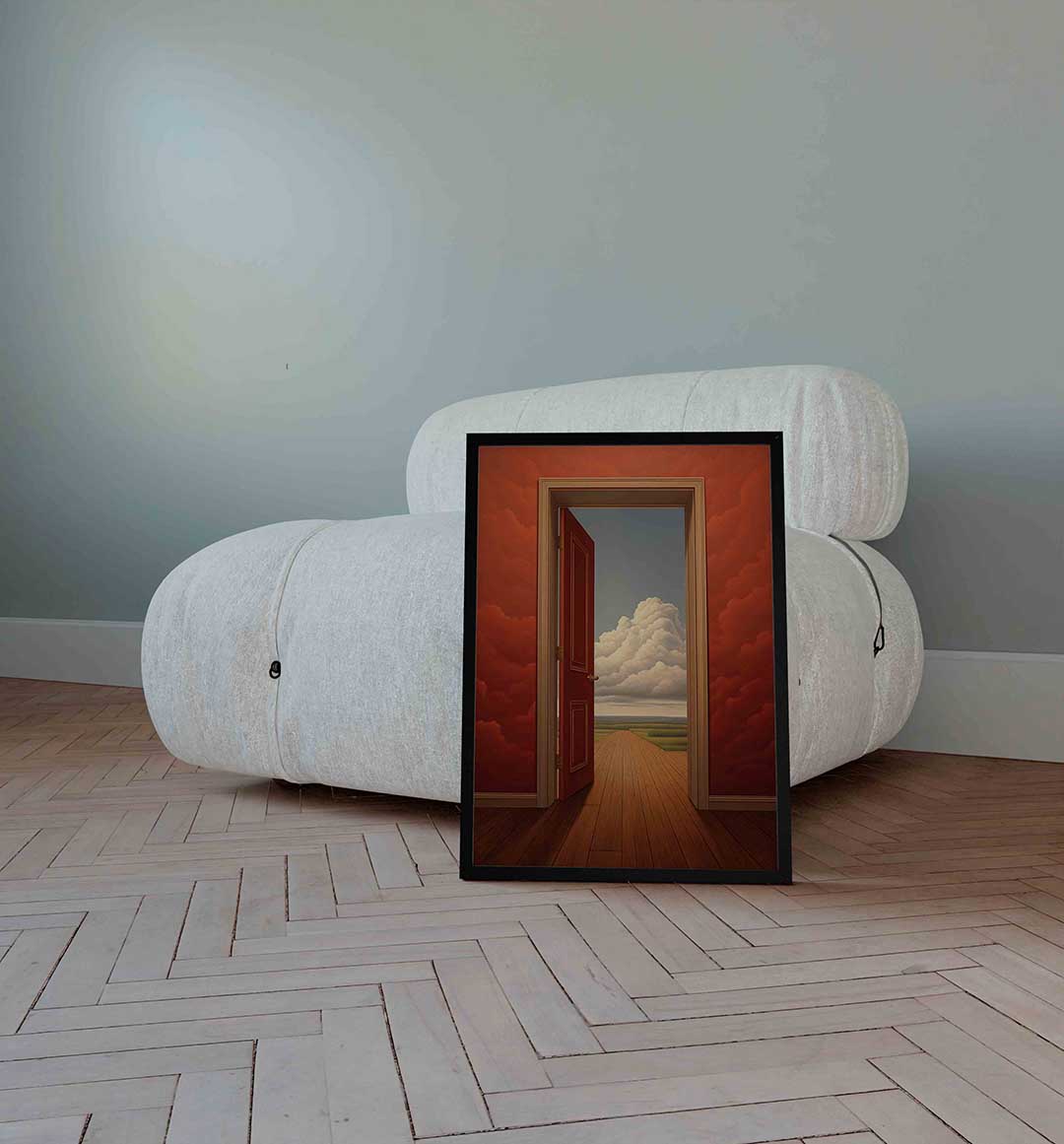 Open deur naar wolken – surrealistische wandkunst als portret poster