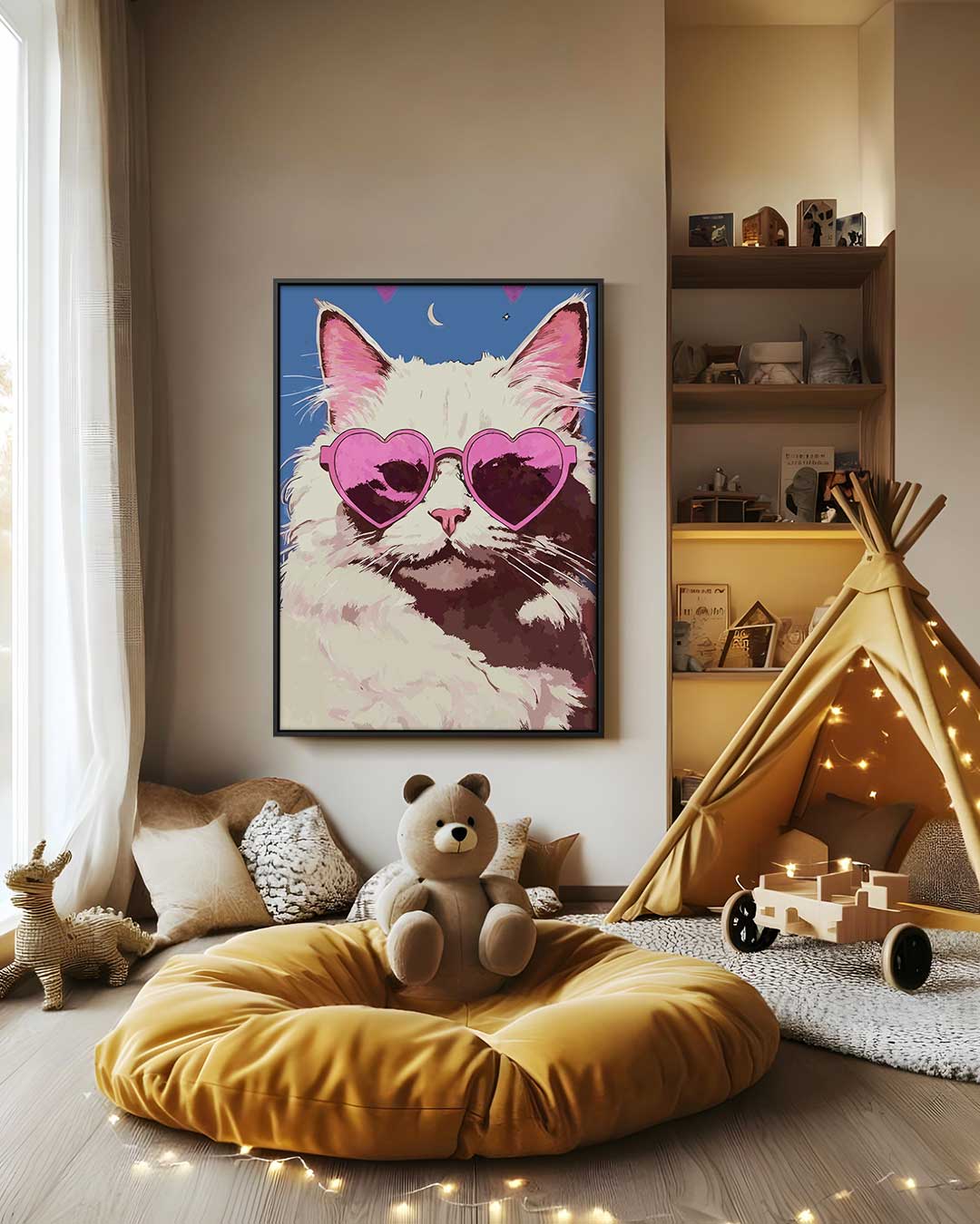 Cool Cat in Heart Sunglasses – canvas wanddecoratie in portret formaat