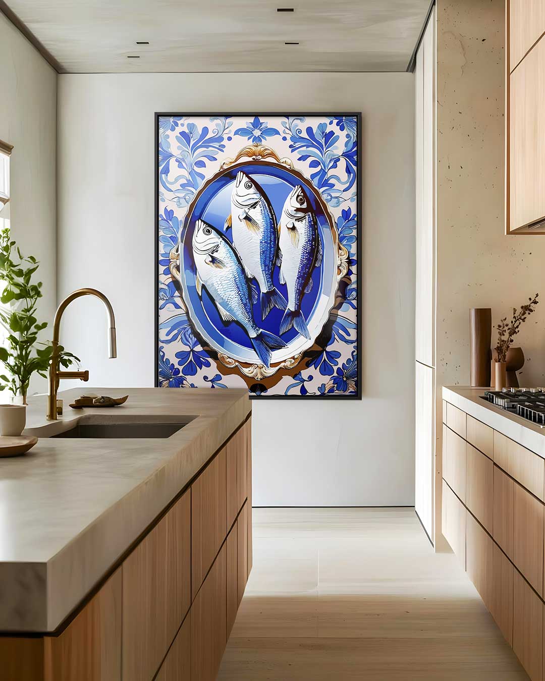Vissen op Blauw Keramiek – staand kunstwerk voor modern interieur