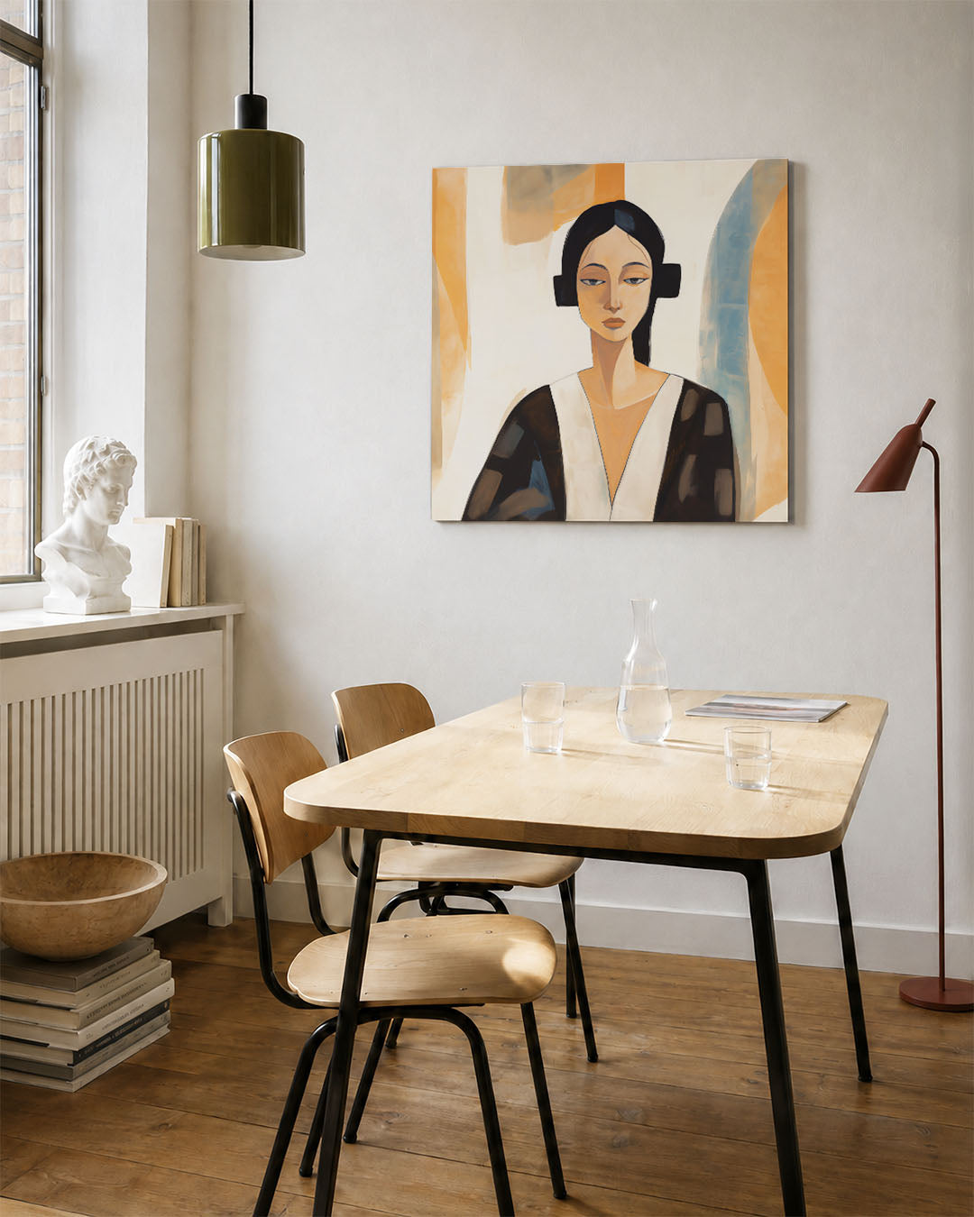 Vrouwelijk portret kunstwerk – vierkante wanddecoratie – een vrouwelijk figuur met een serene uitdrukking, omgeven door