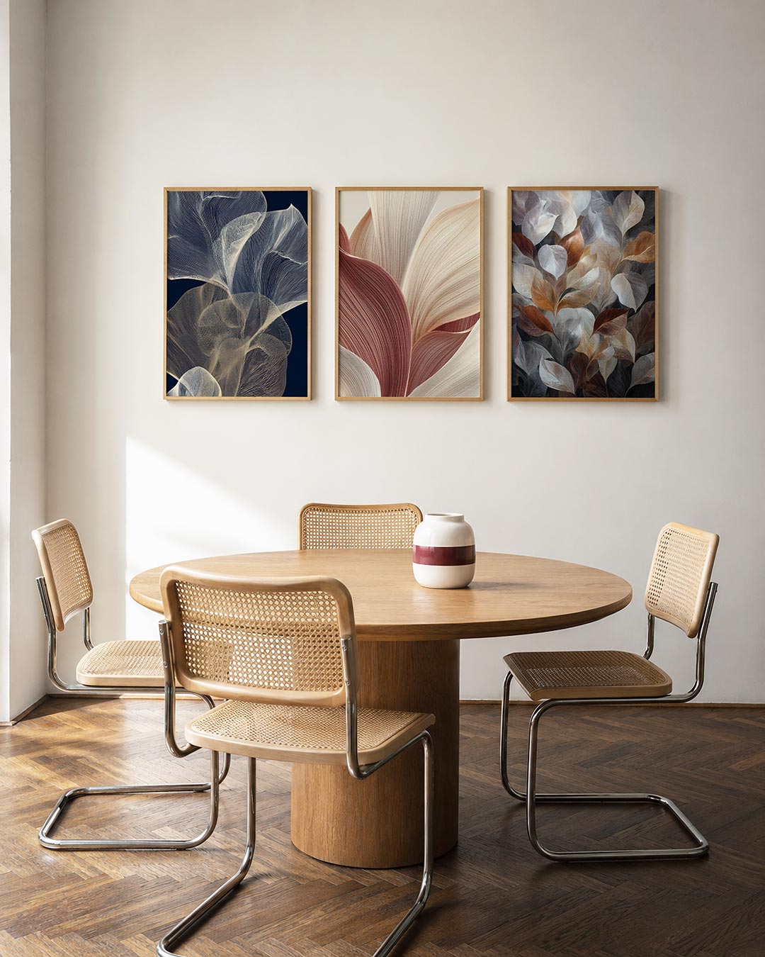 Lijnenspel en beweging driedelige posterset in interieur