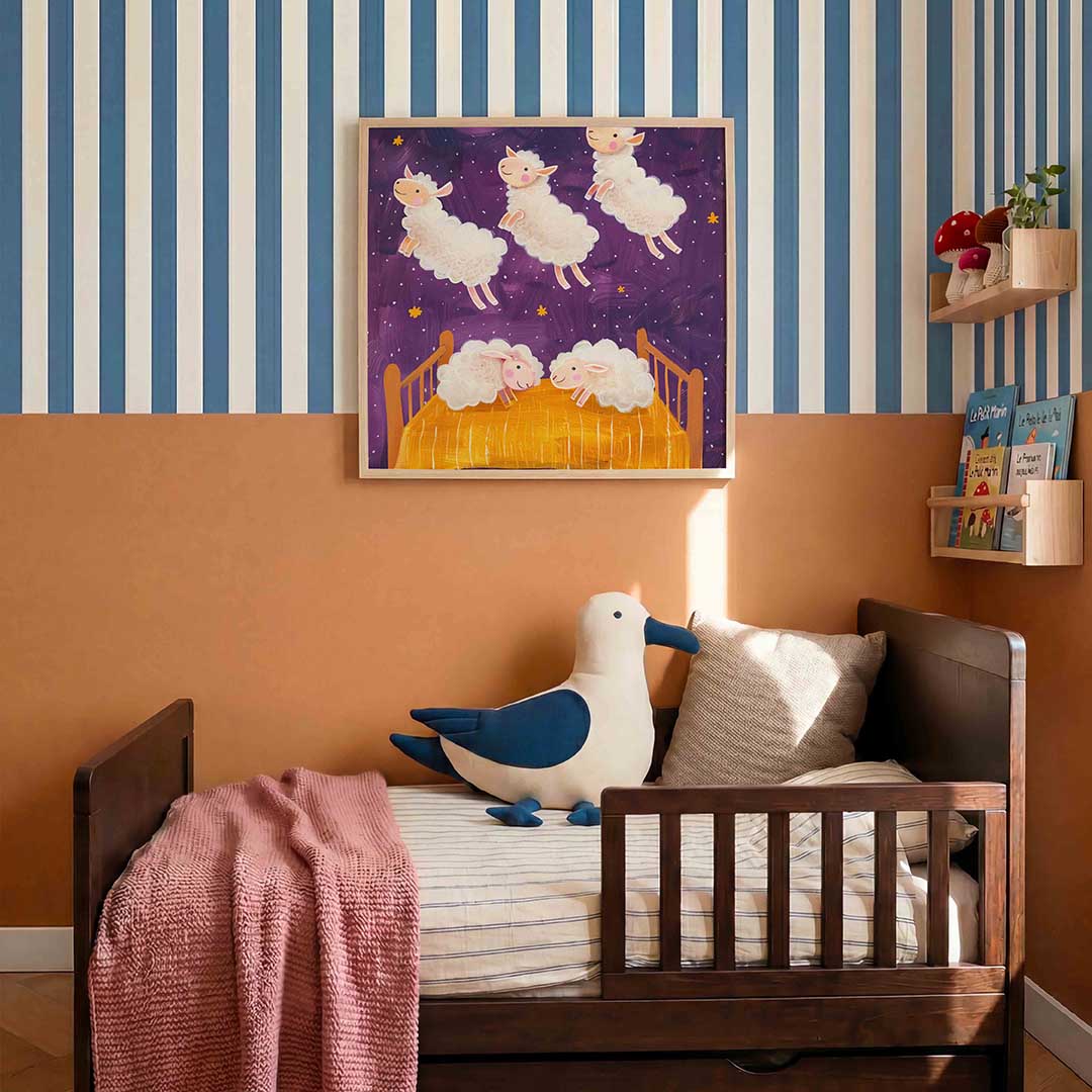 Schapen en bed – kids poster in vierkant formaat