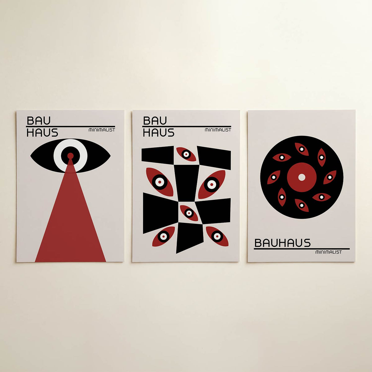 Oog en lichtstraal posterset – detailweergave – een zwart-wit oog met een rode lichtstraal. Strakke lijnen en sterke