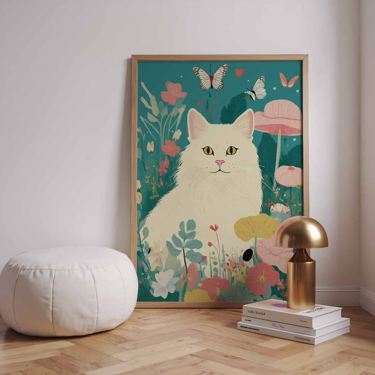 Dromerige Kat in Bloementuin – dieren poster in staand formaat