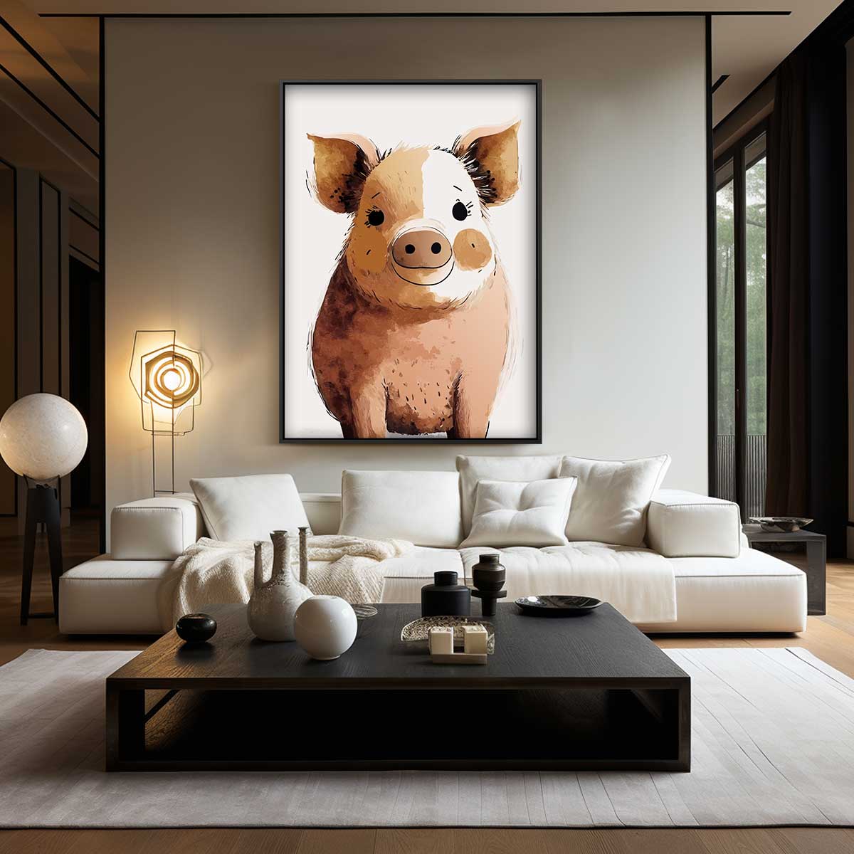 Vrolijk Varkentje Portret – kunstwerk met zwarte baklijst