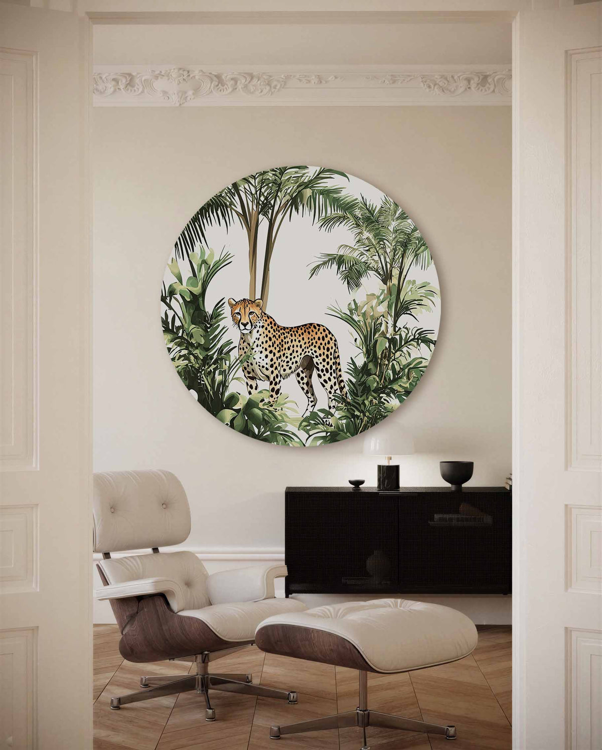 Luipaard en palmbomen – illustratie muurcirkel als ronde muurdecoratie