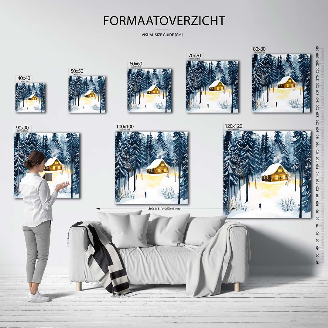 Winterse boslandschap kunstwerk – sfeerbeeld – een wintertafereel met een houten huisje omgeven door hoge besneeuwde bomen.