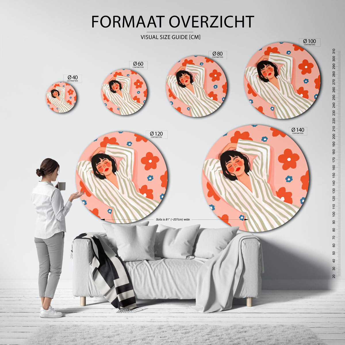 Vrouw met bloemen – geïllustreerde wandkunst als moderne muurcirkel