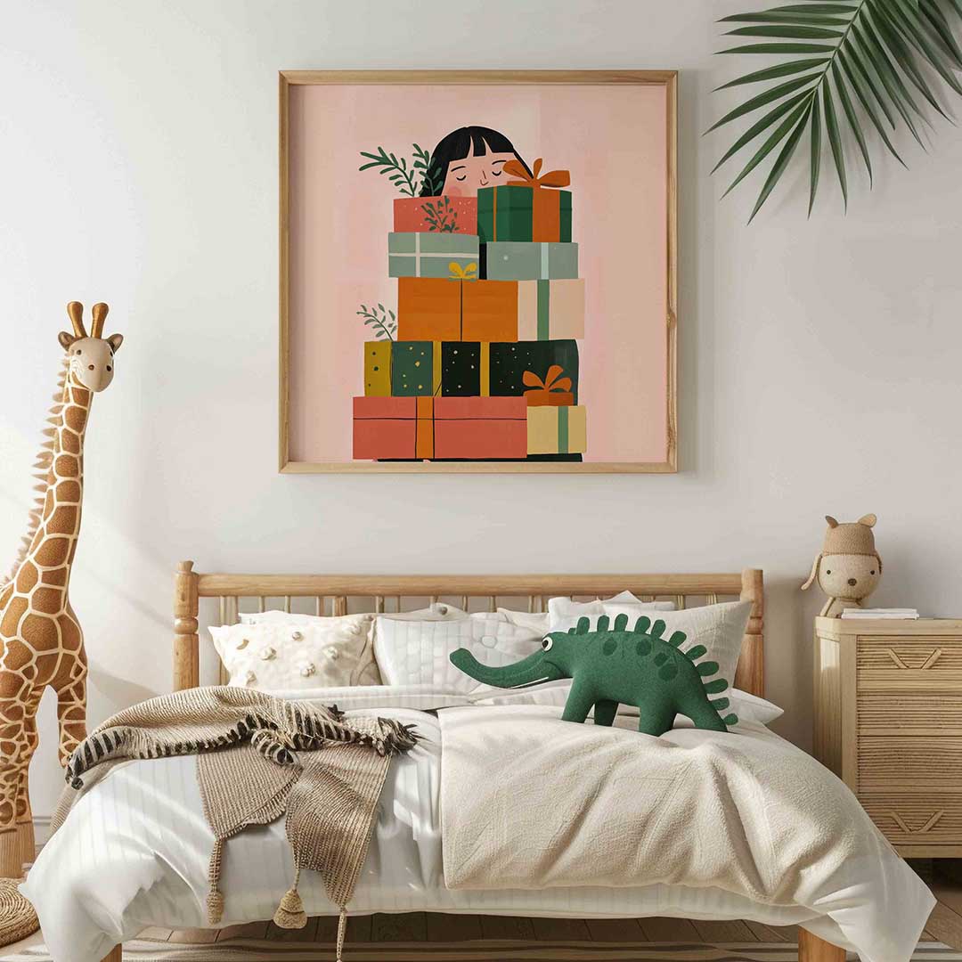 Cadeaus en bladeren – vierkante kinderkamer wanddecoratie van WallArtistic
