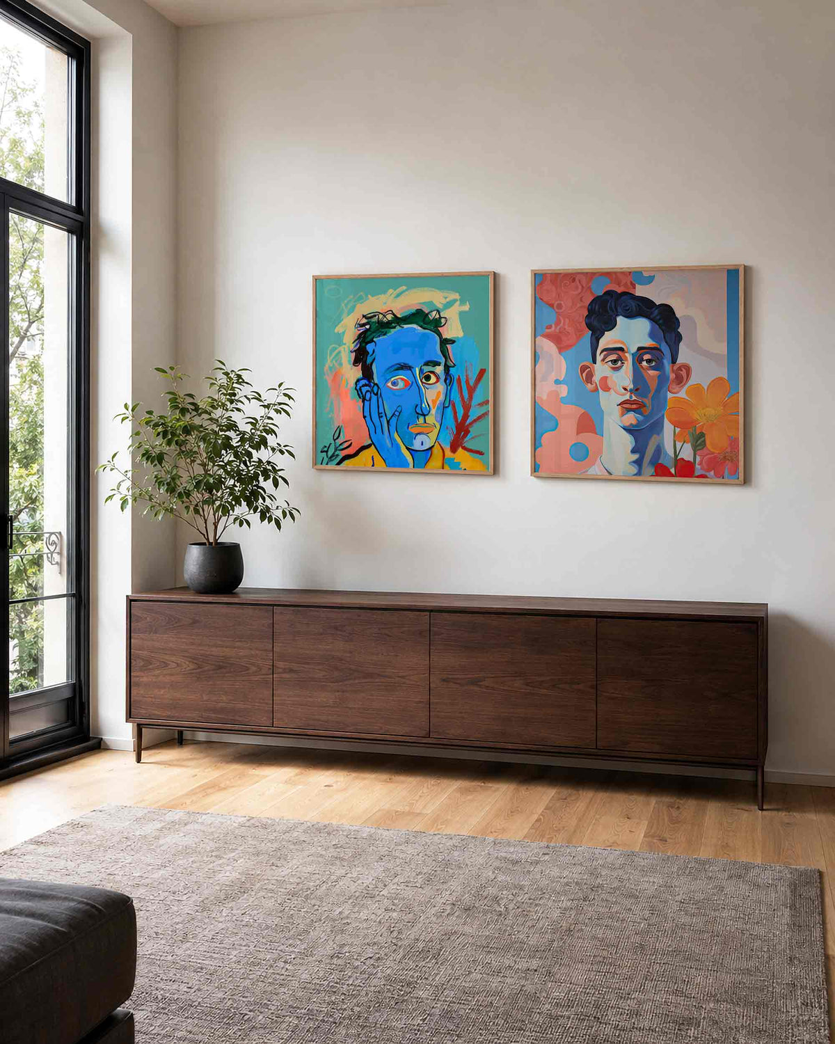 Interieurpresentatie van een tweedelige vierkante posterset met blauwe portretten