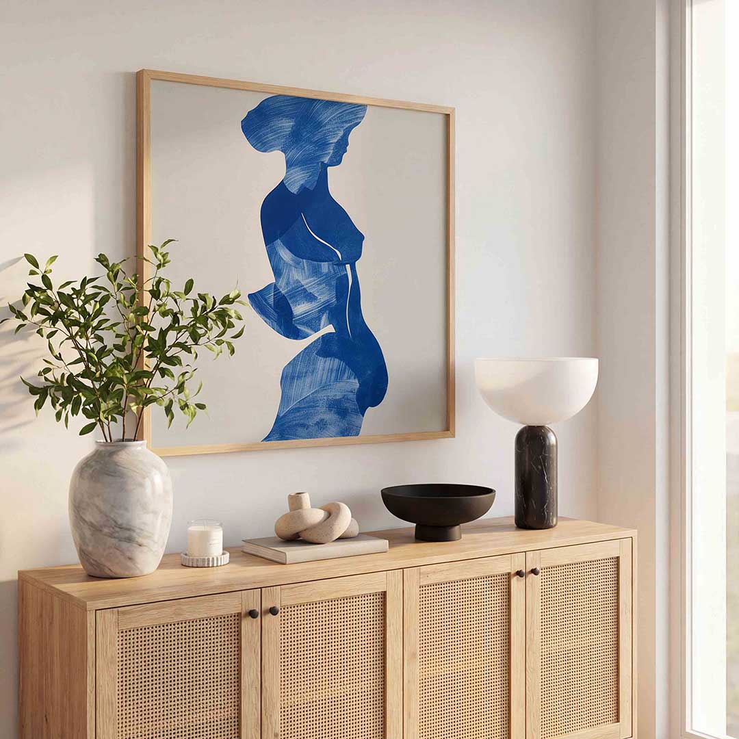 Blauwe figuur – kunst en design poster in vierkant formaat