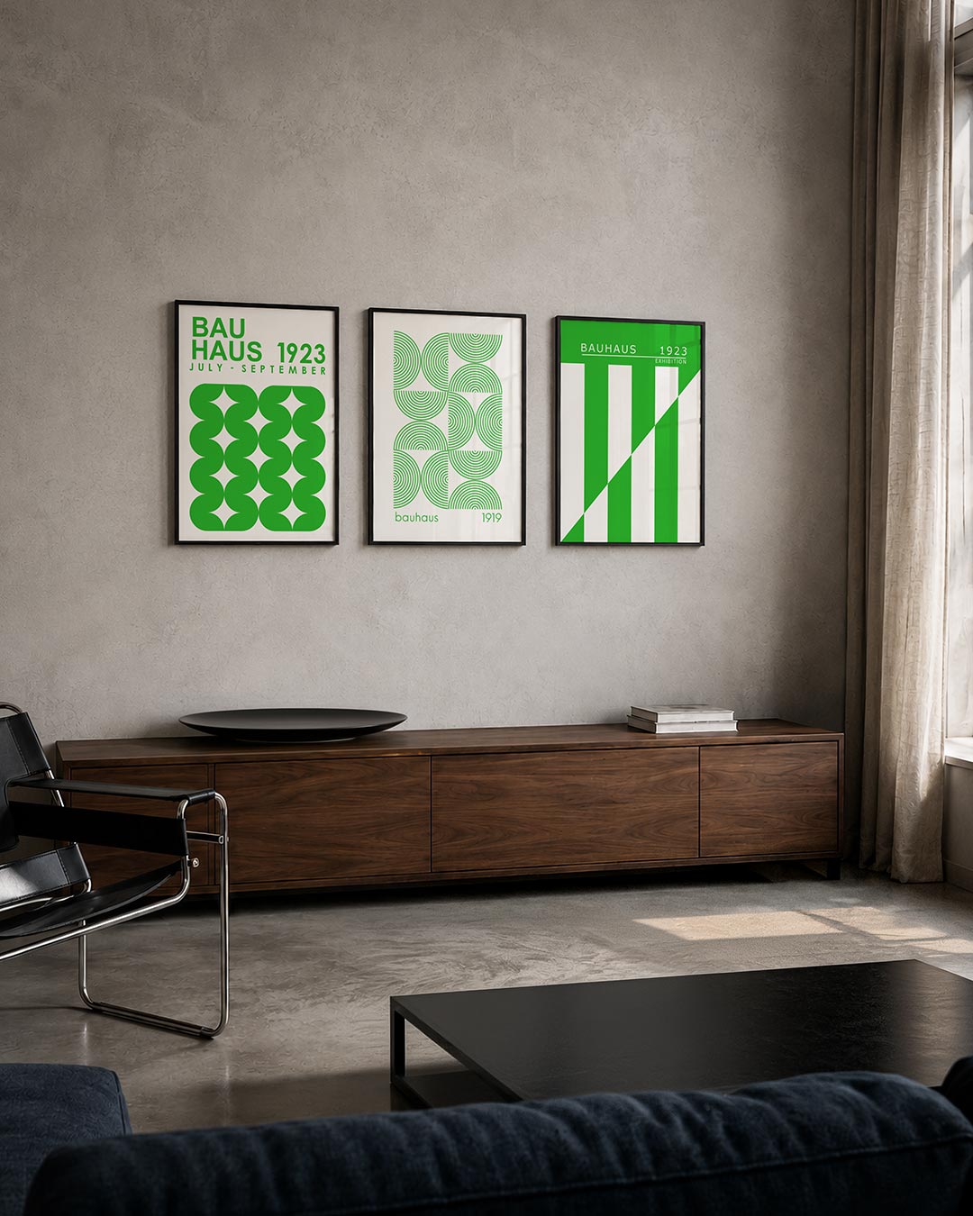Groene vormpatronen driedelige posterset – deze posterset in drie delen toont een speels lijnenspel van groene vormen op een