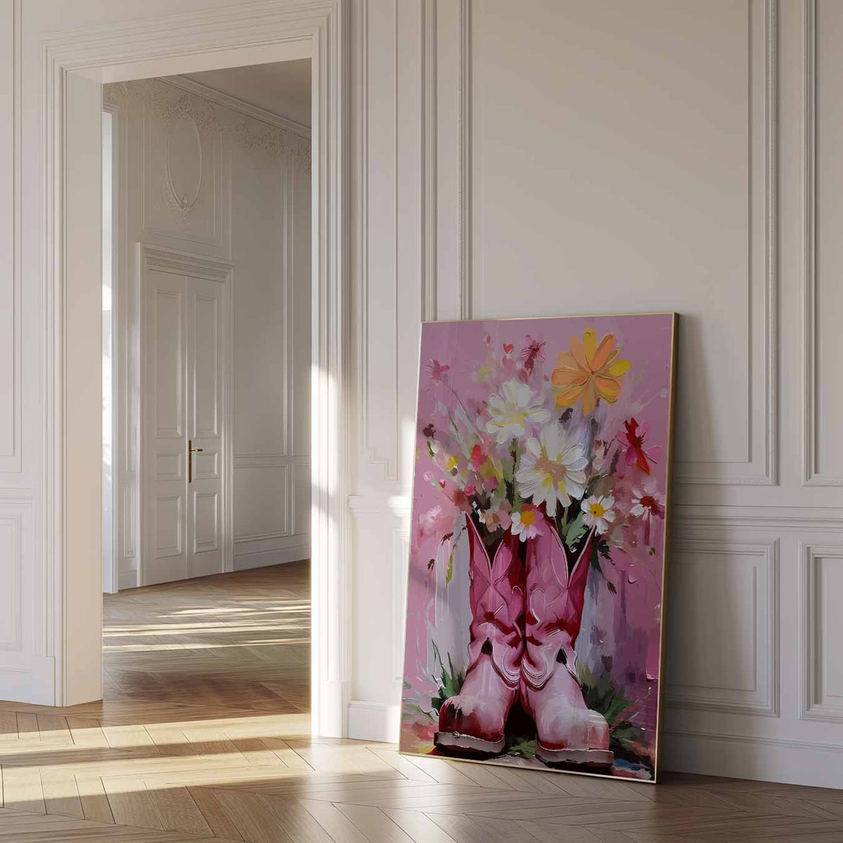 Bloemenlaarzen – paas poster als vrolijke staande wanddecoratie