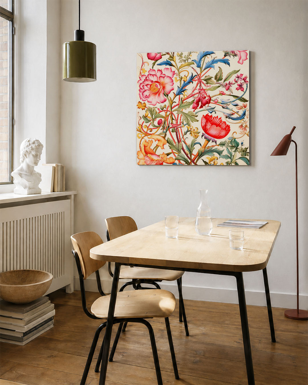 Bloemrijke fantasie kunstwerk – vierkante wanddecoratie – dit kunstwerk toont een weelderige compositie van kleurrijke