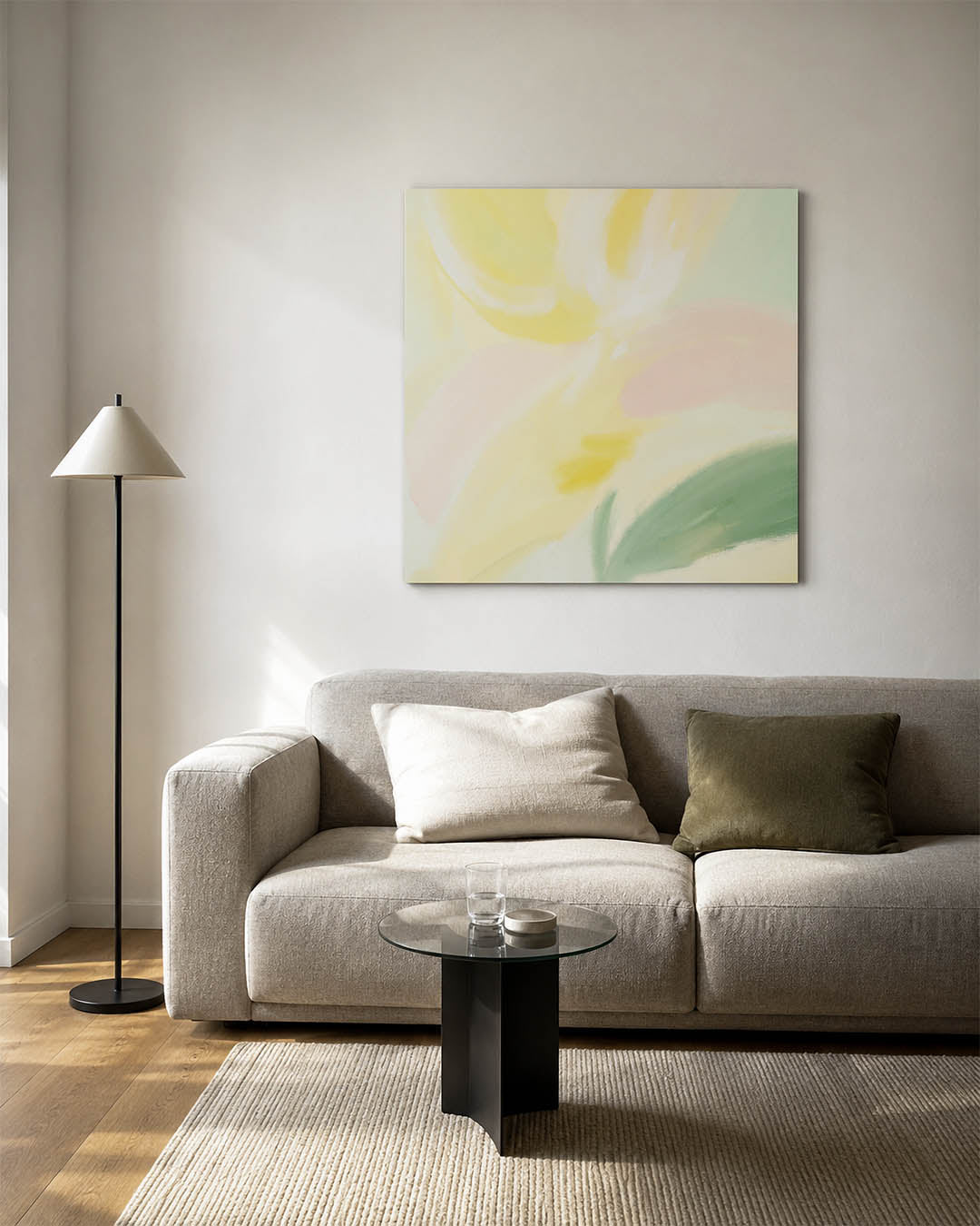 Zachte kleurvlakken kunstwerk – vierkante wanddecoratie – dit kunstwerk toont vloeiende vormen in zachte tinten. De kleuren