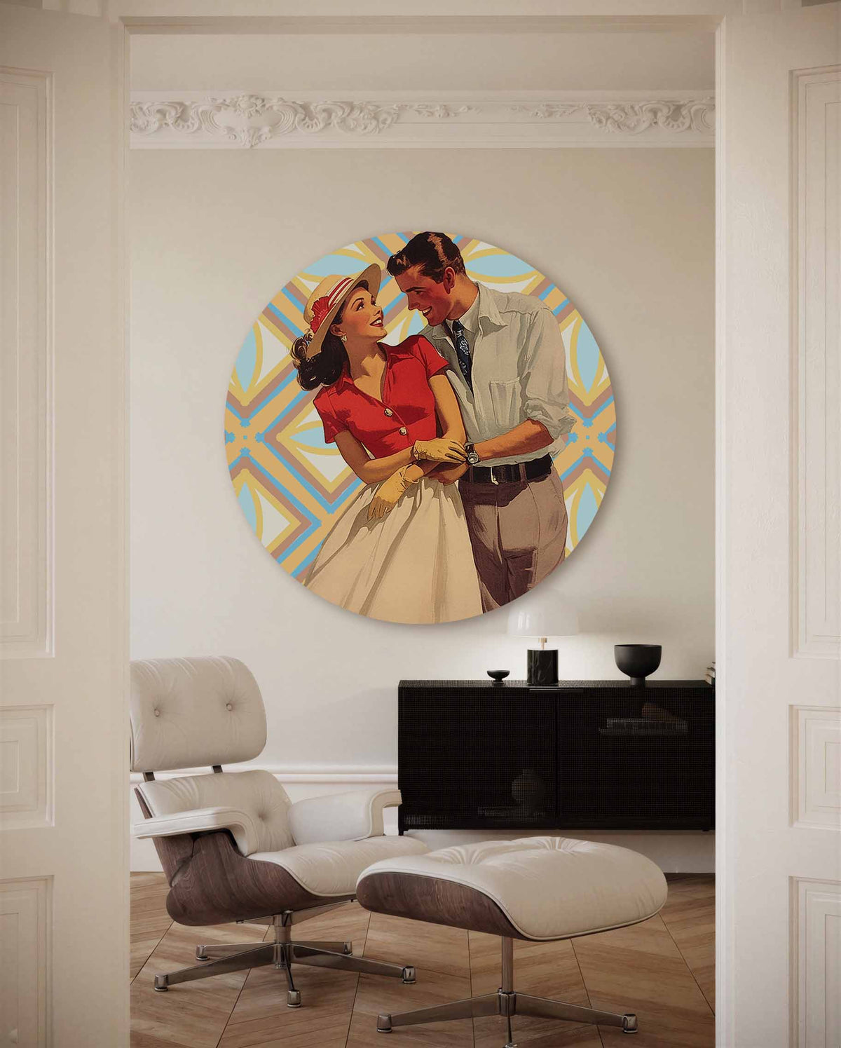 Stijlvol paar – kleurrijke Pop Art muurcirkel voor aan de muur