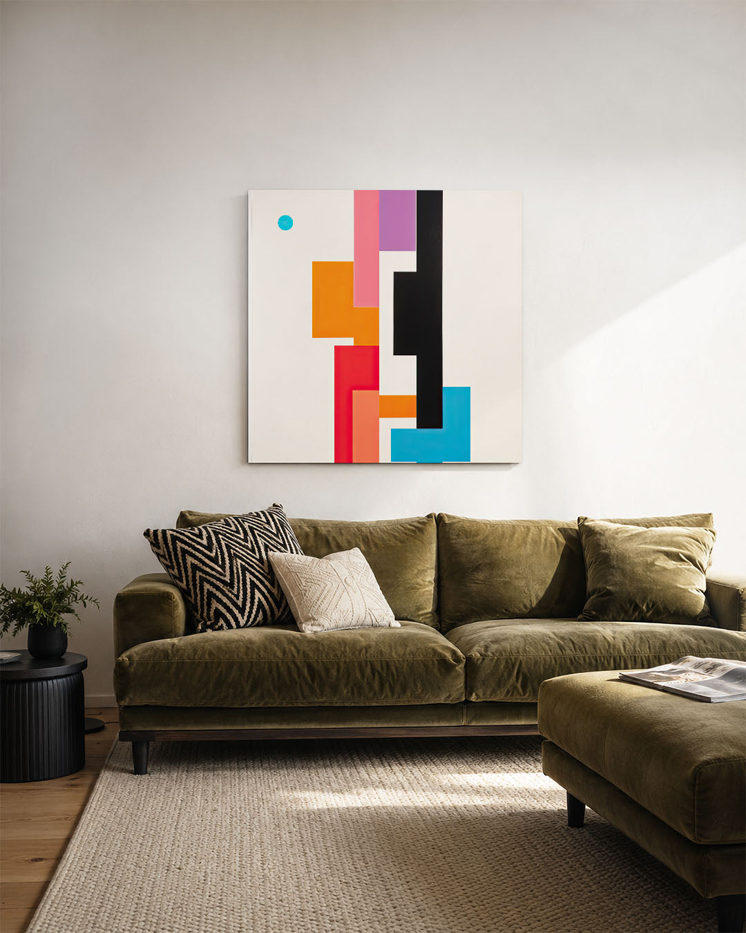 Geometrische kleurencompositie kunstwerk – derde productweergave – dit werk toont een dynamische compositie van rechthoeken