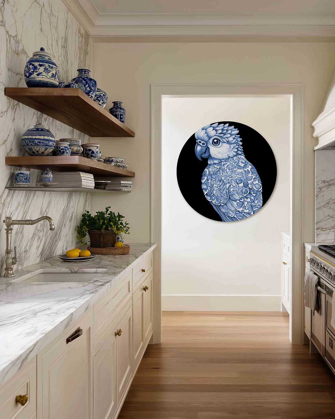 Papegaai met bloemen – kleurrijke Pop Art muurcirkel voor aan de muur