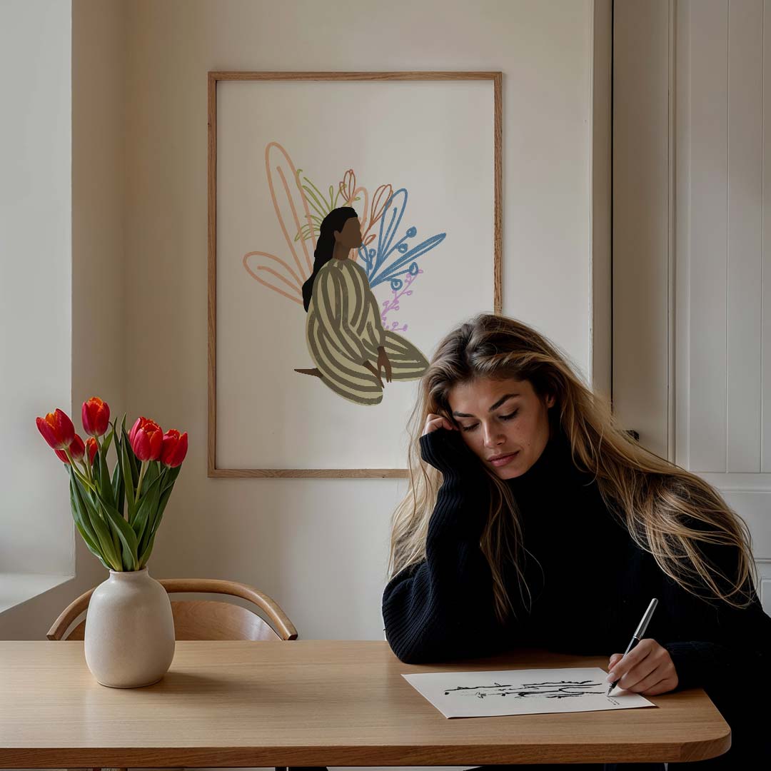 Dromerige Botanische Vrouw – lijntekening poster in staand formaat