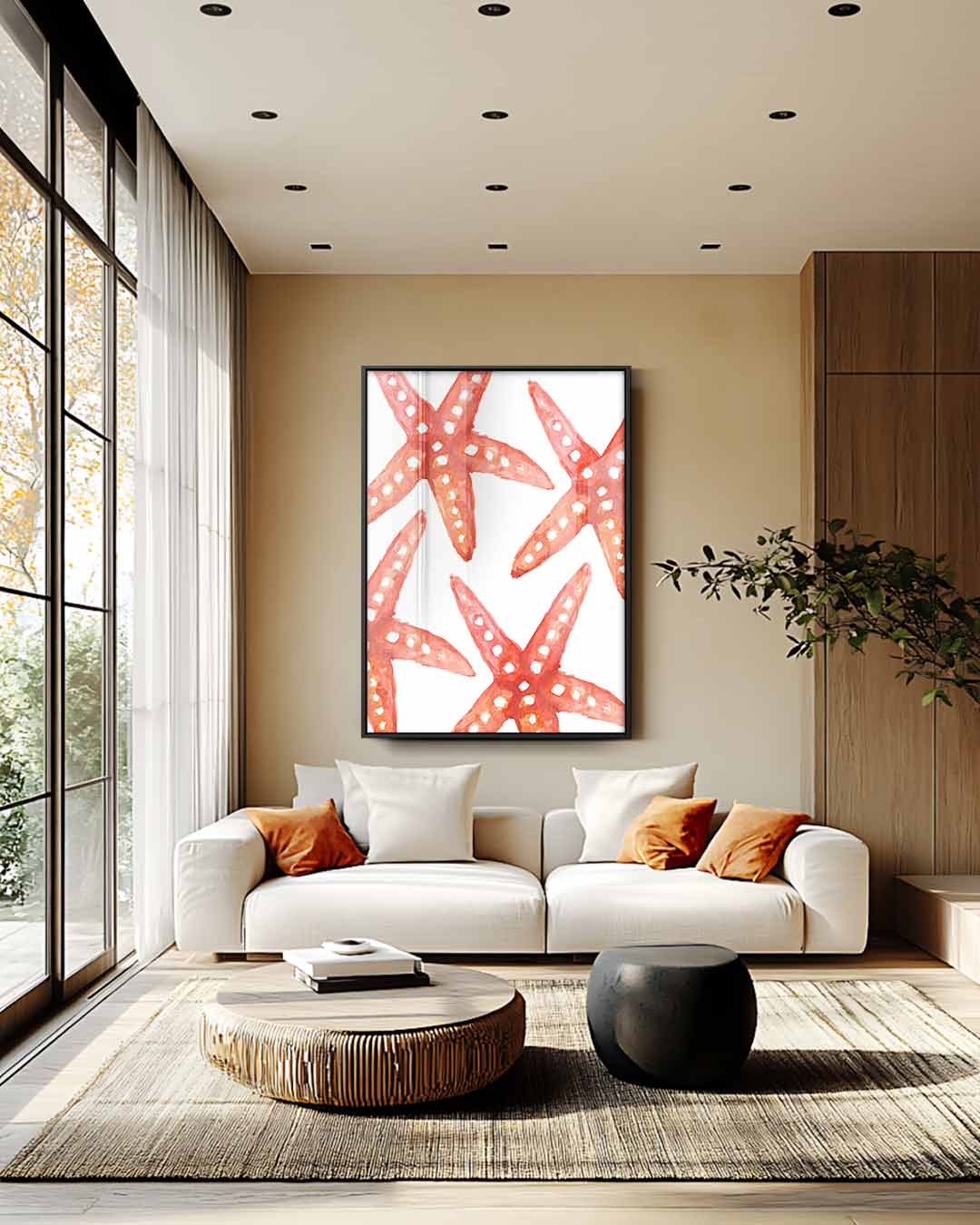 Rode zeesterren patroon – plexiglas wanddecoratie in portret formaat