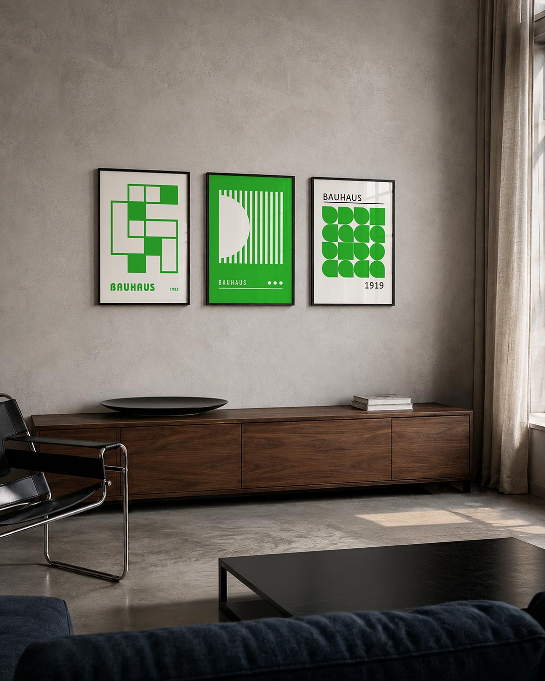 Groene vlakstructuur driedelige posterset – deze posterset toont een speelse ordening van groene en witte rechthoeken. De