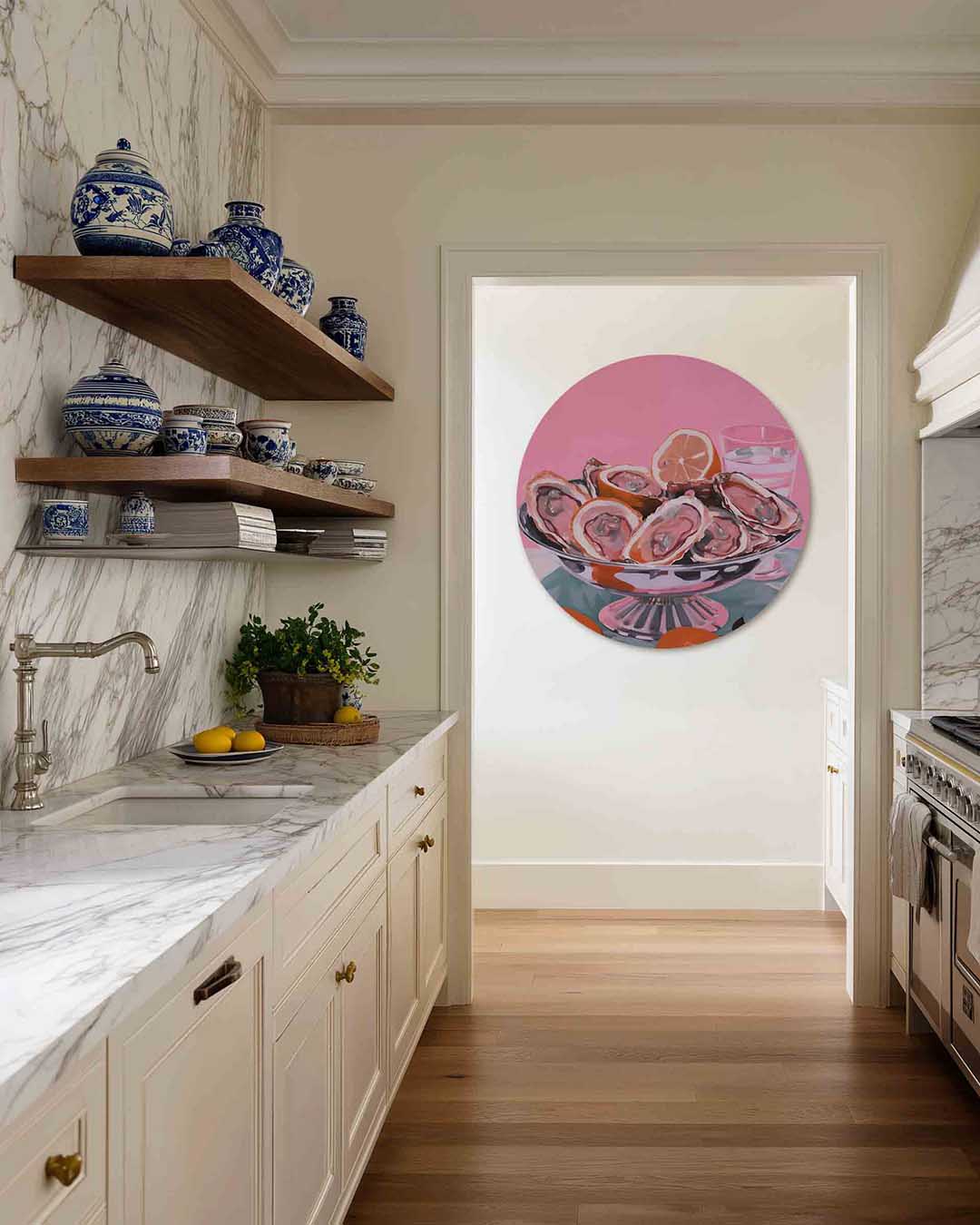 Oesters en citrus – moderne abstracte muurcirkel voor aan de muur
