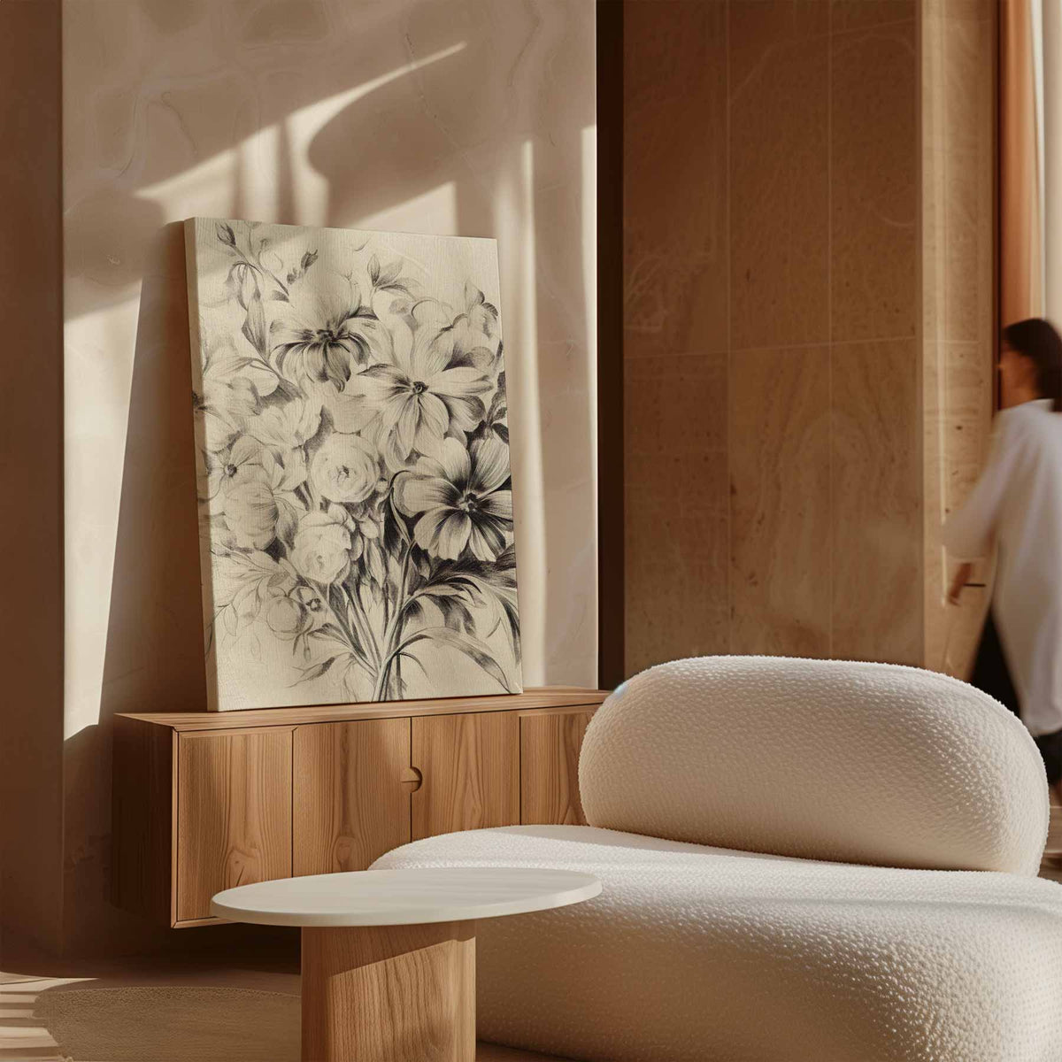 Elegante Bloemenpracht in Potlood – staande wandkunst voor woonkamer of interieur