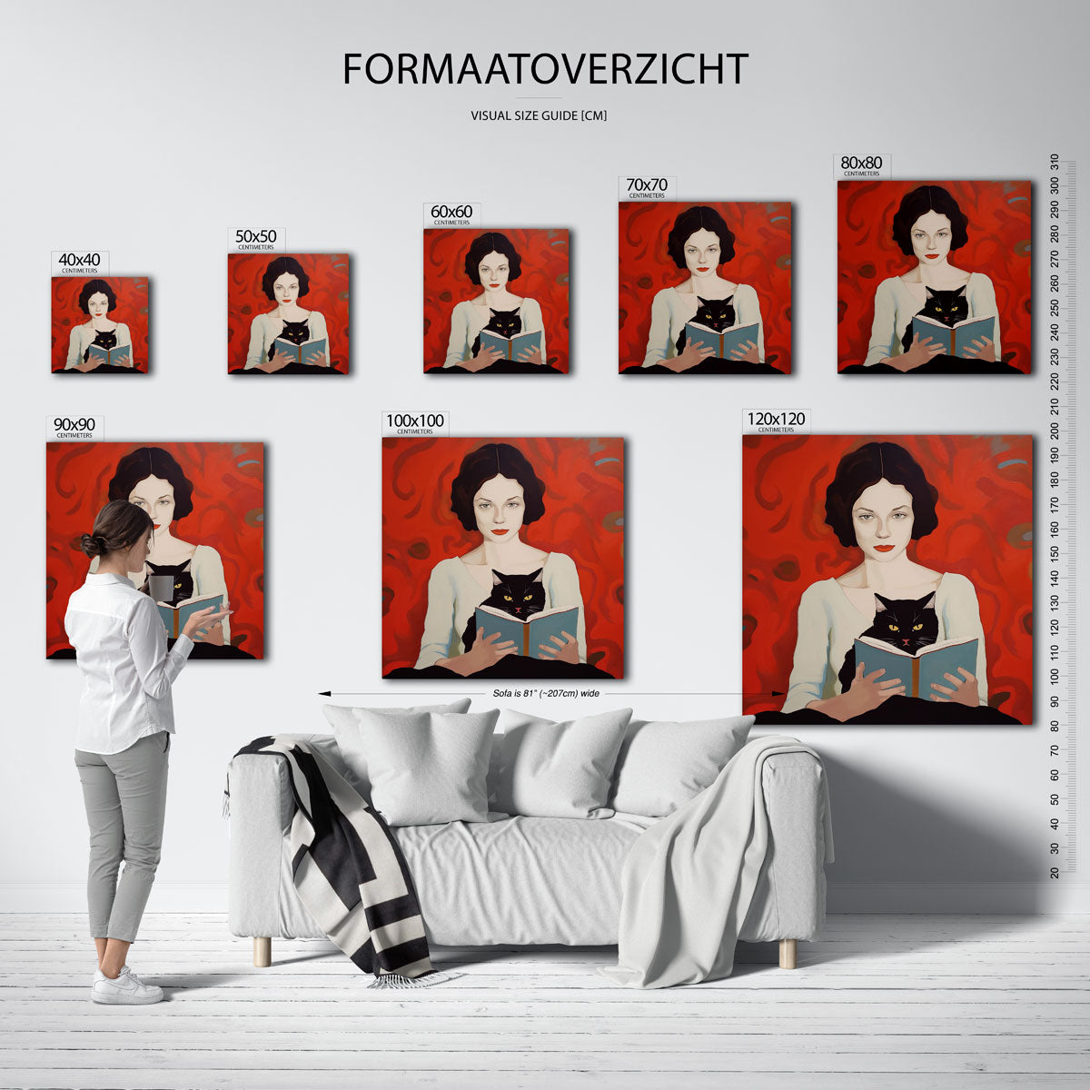 Vrouw met kat en boek – vierkante muurposter met vrouwelijk portret