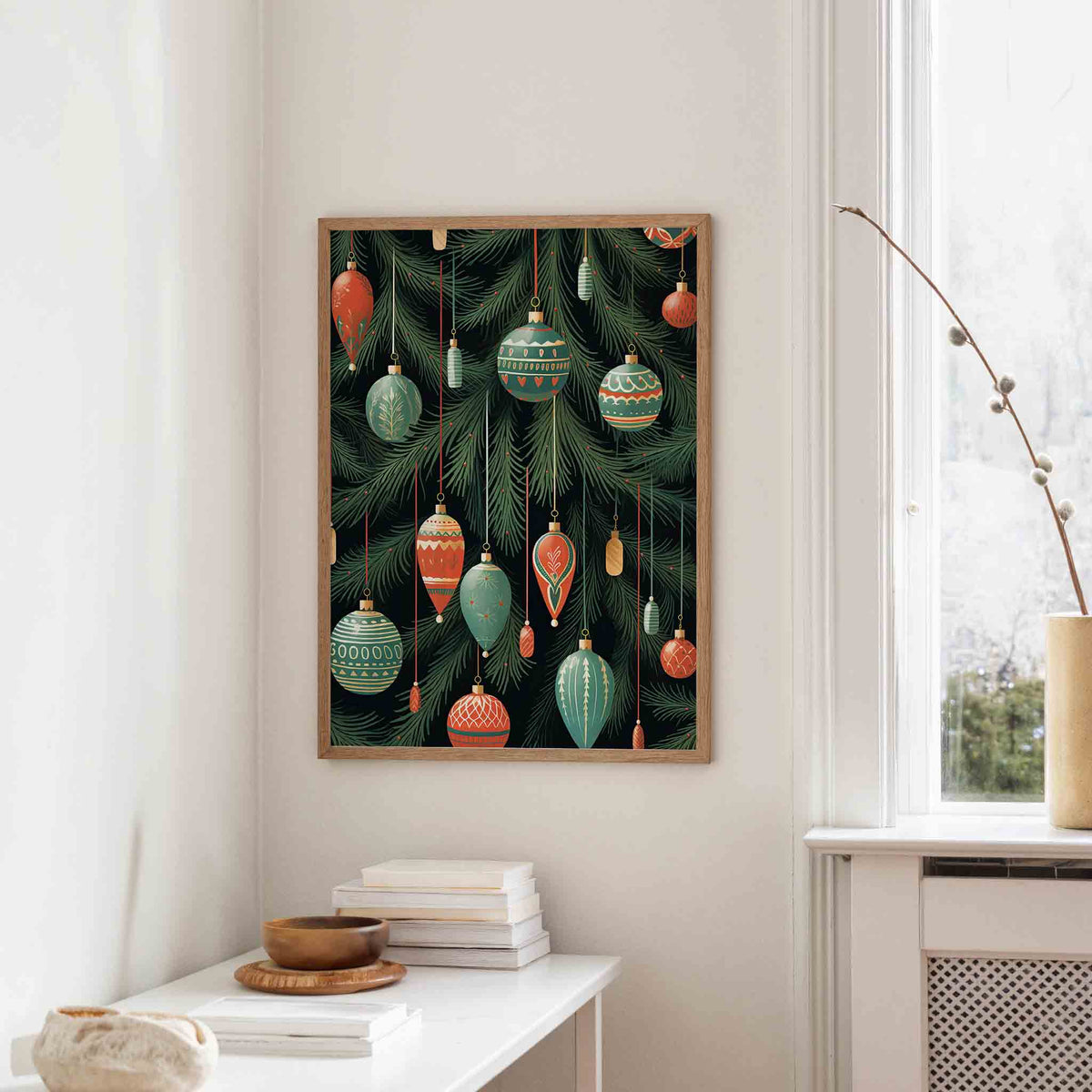 Kerstballen en dennentakken – staande kerst wanddecoratie van WallArtistic