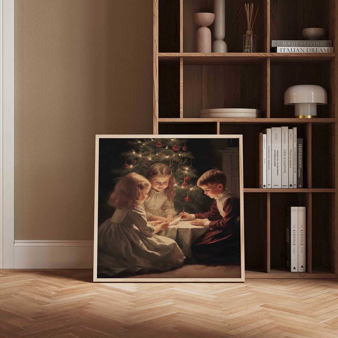 Kinderen bij kerstboom – kerstposter in vierkant formaat